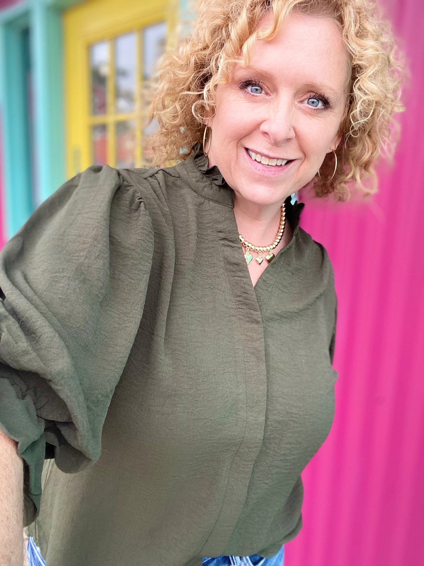 Tops Katie Balloon Sleeve Blouse- Olive