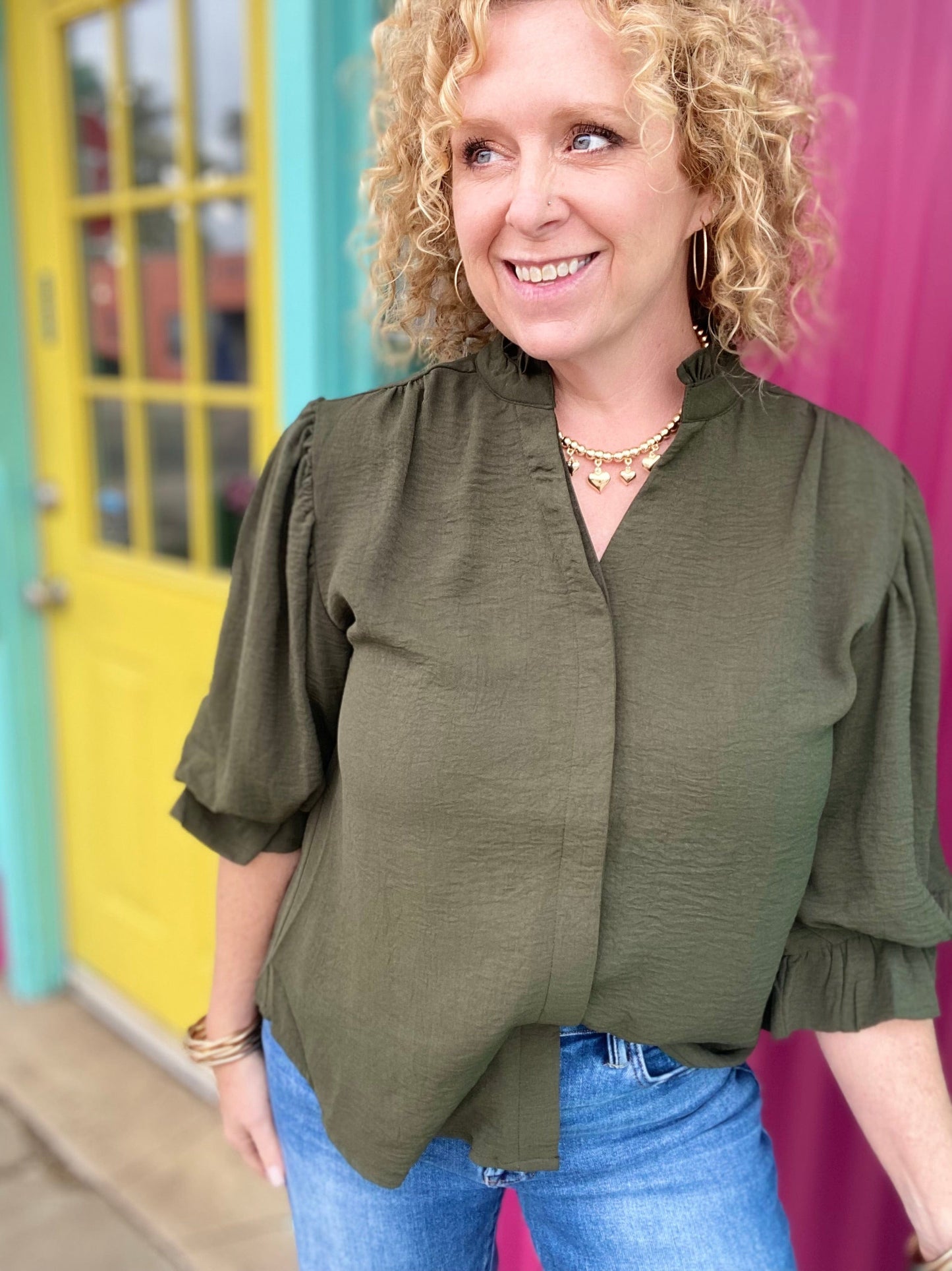 Tops Katie Balloon Sleeve Blouse- Olive