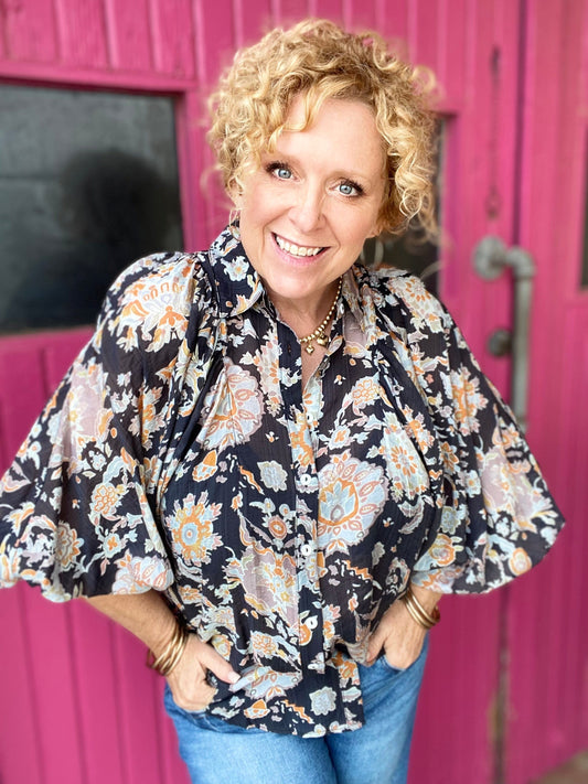 Tops Lyla Floral Print Blouse-Black