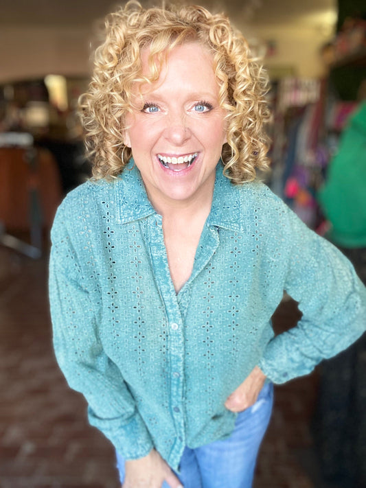 Dresses Mineral Wash Eyelet Button Down Top