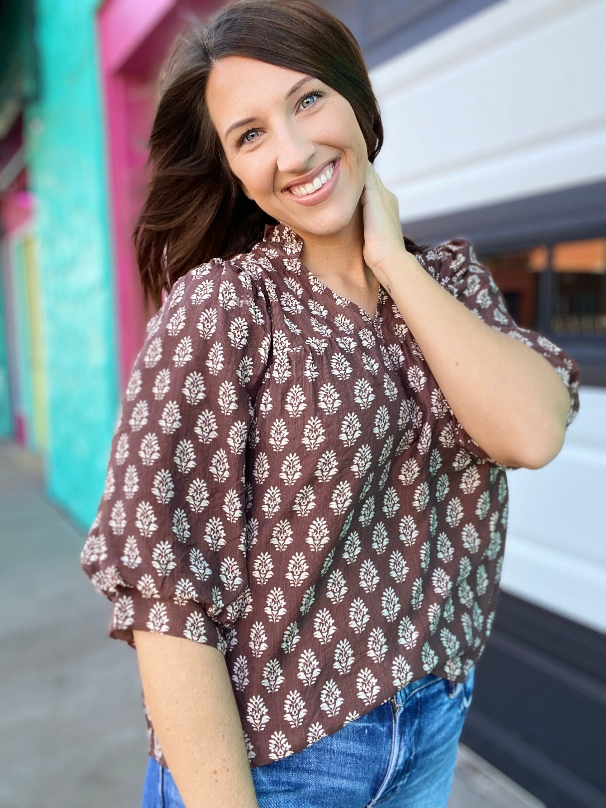 Tops Mocha Floral Blouse