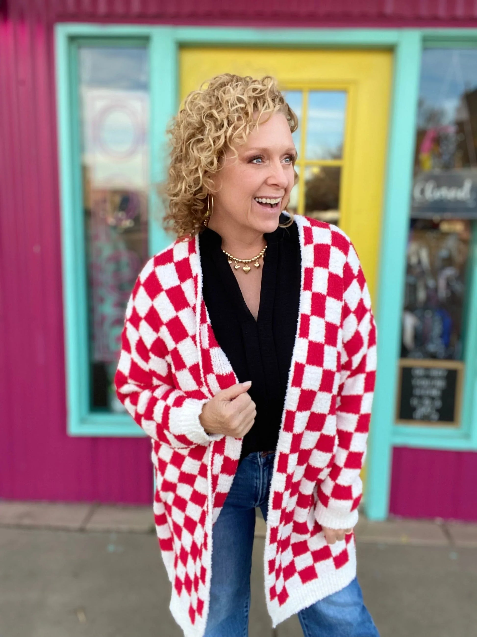 Tops Gigi Red Checked Cloud Cardi One Size