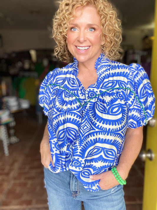 Tops Parrie Piped Puff Sleeve Blouse- Blue
