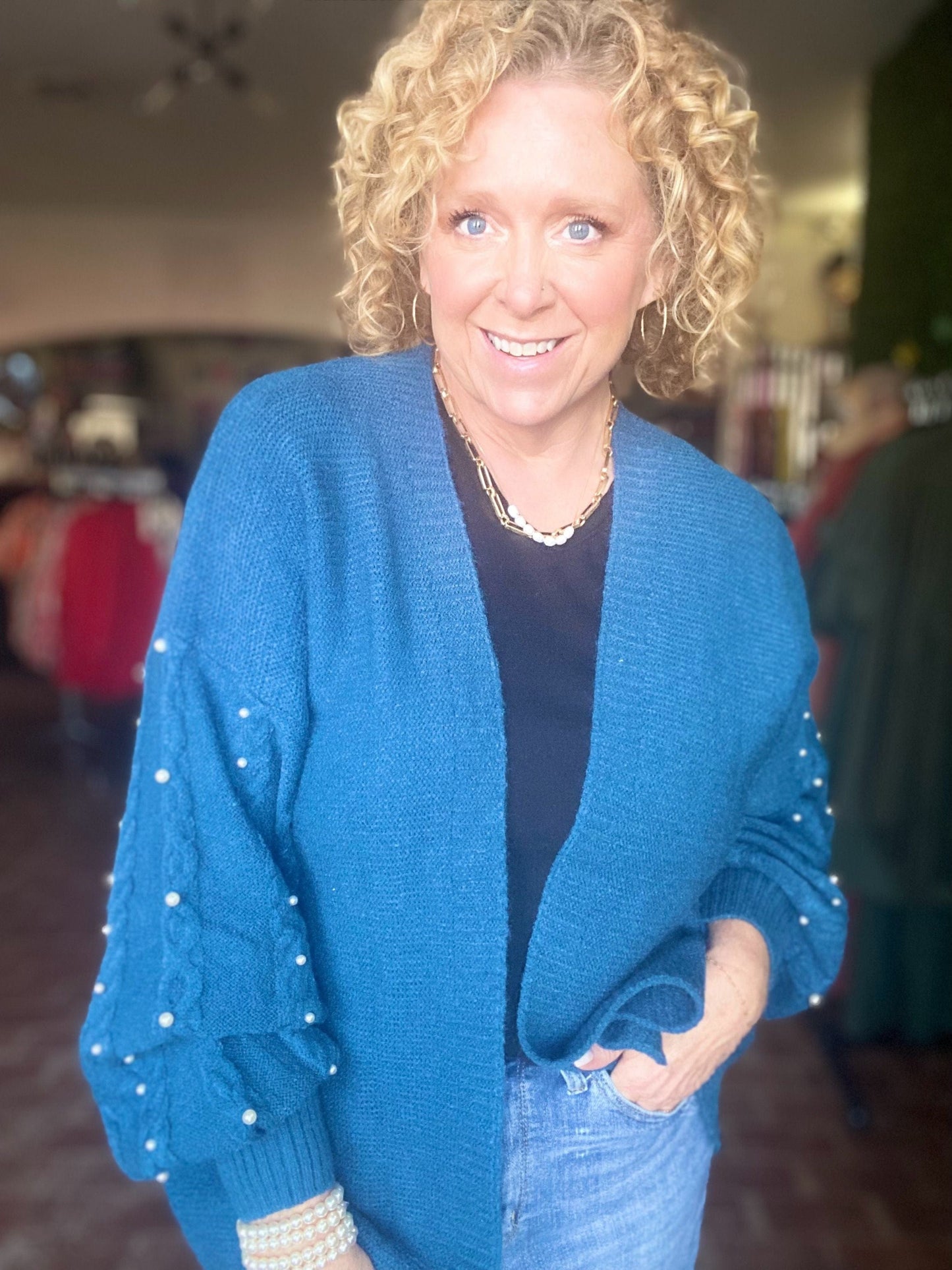 Tops Pearly Girl Fancy Cardi-Teal