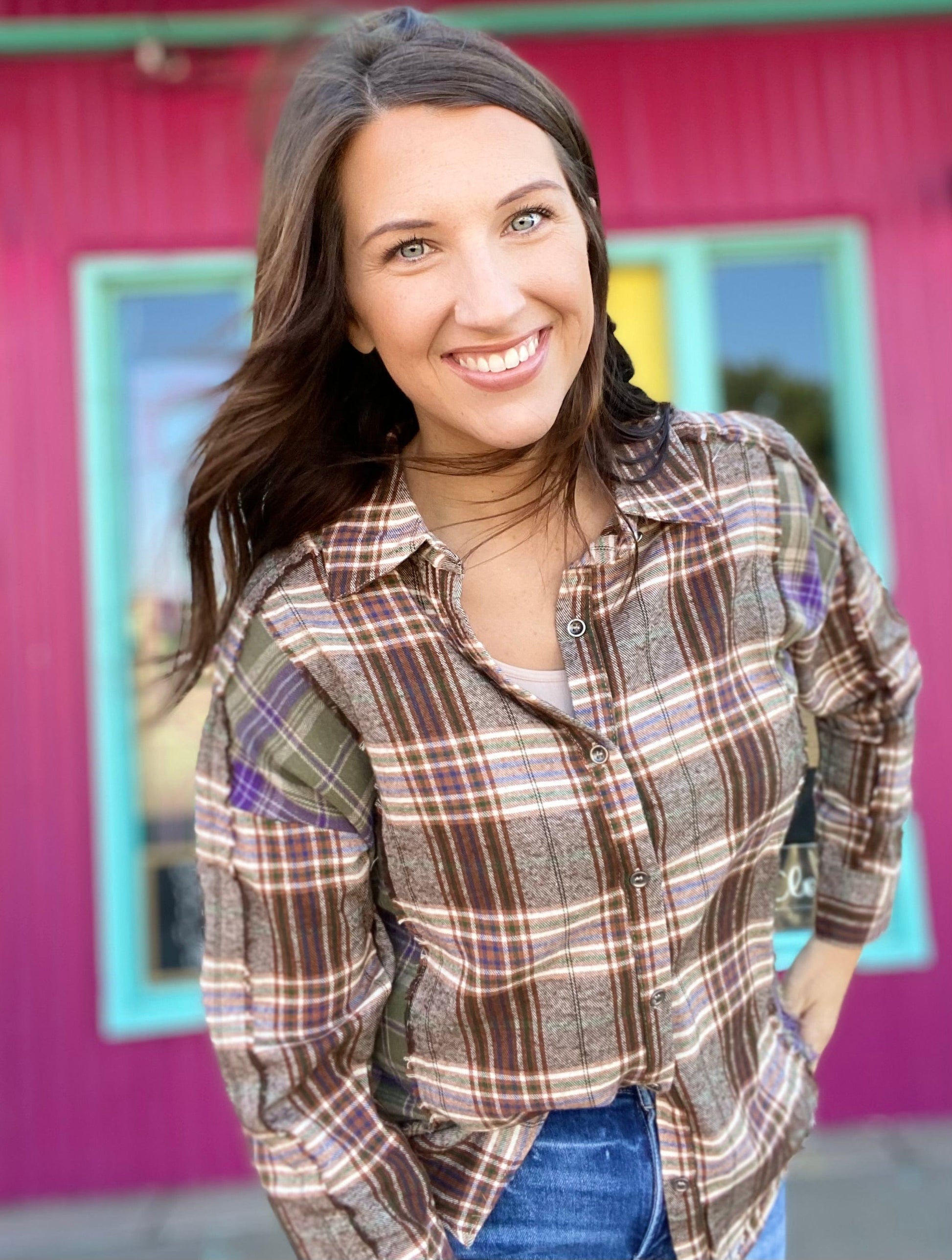 Outerwear Penny Color Block Flannel- Brown