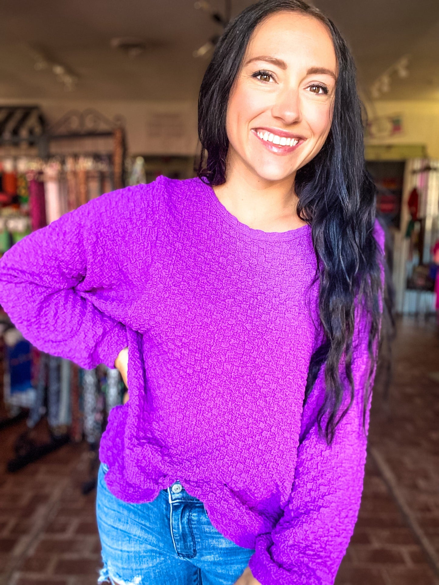 Tops Poppin' Textured Top-Purple