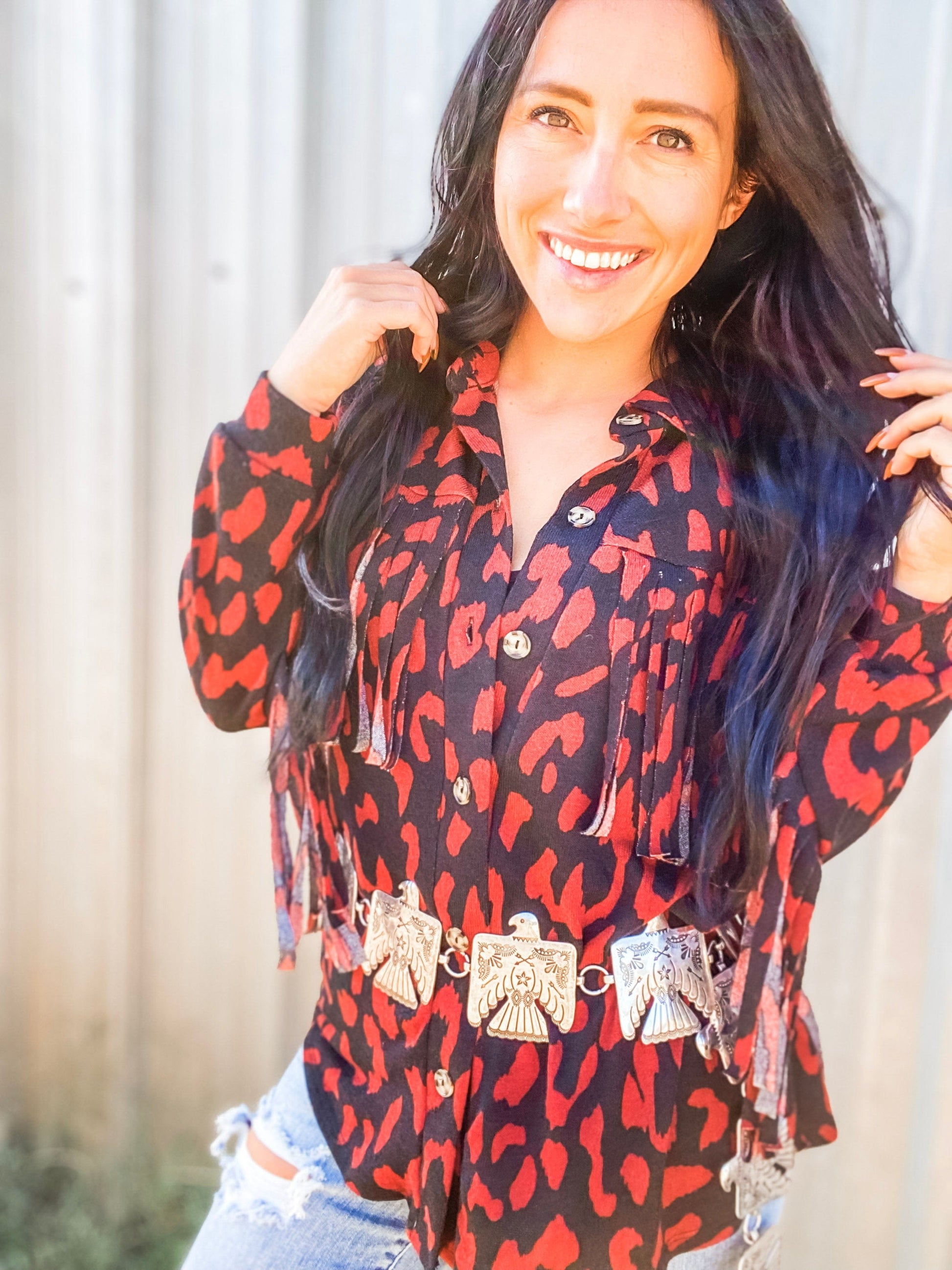 Tops Red Leopard Fringe Button Up