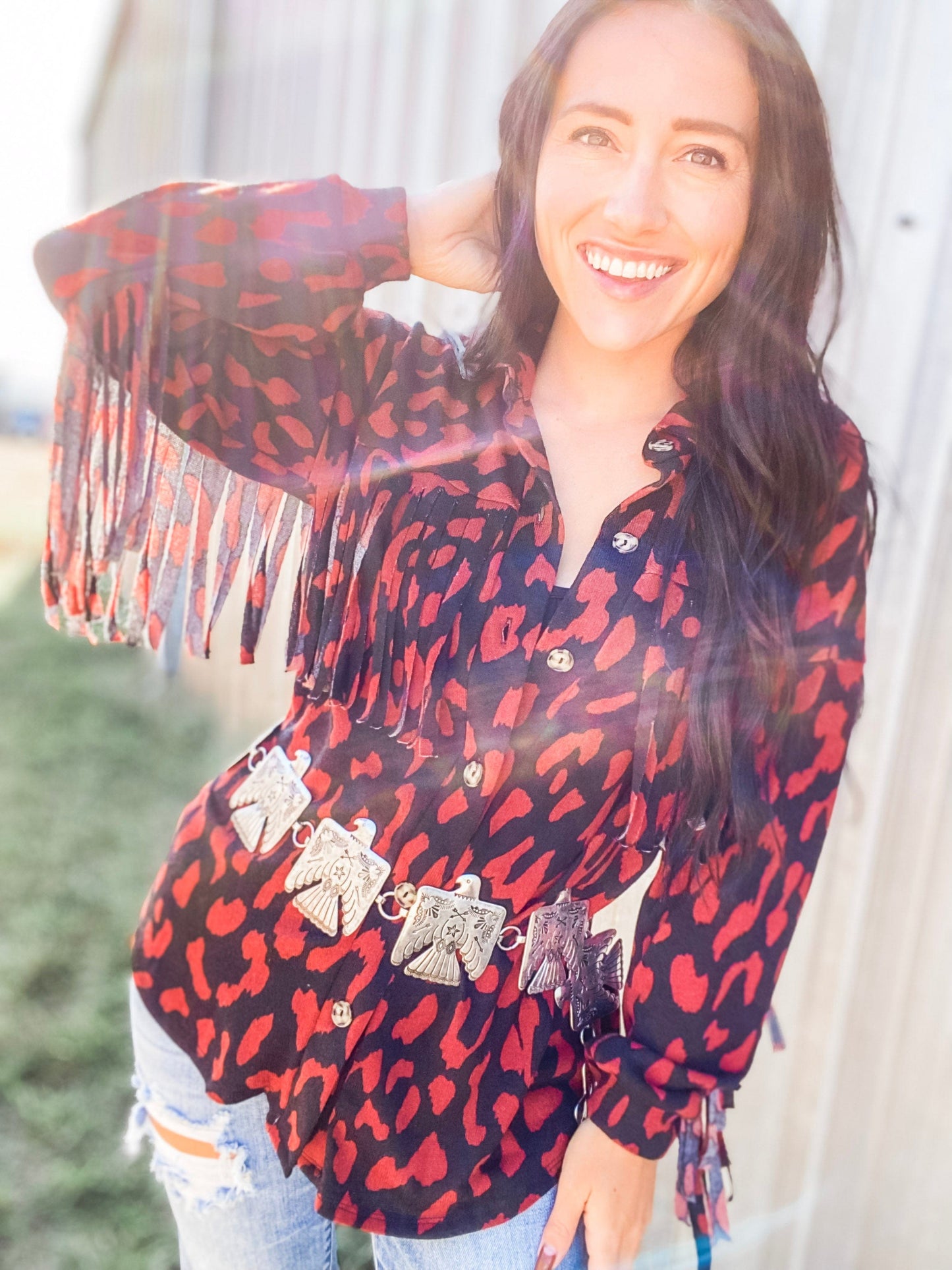 Tops Red Leopard Fringe Button Up