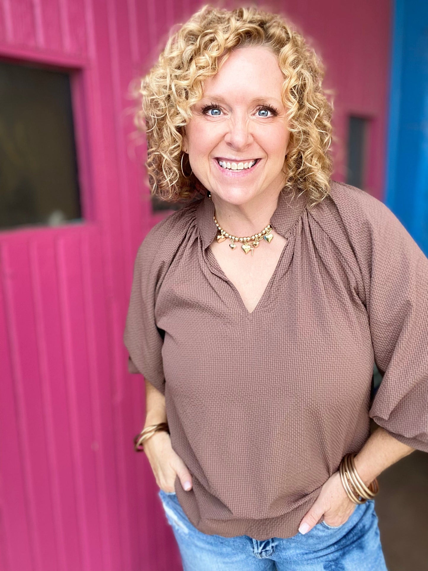 Tops Reese Vneck Balloon Sleeve Top-Chocolate