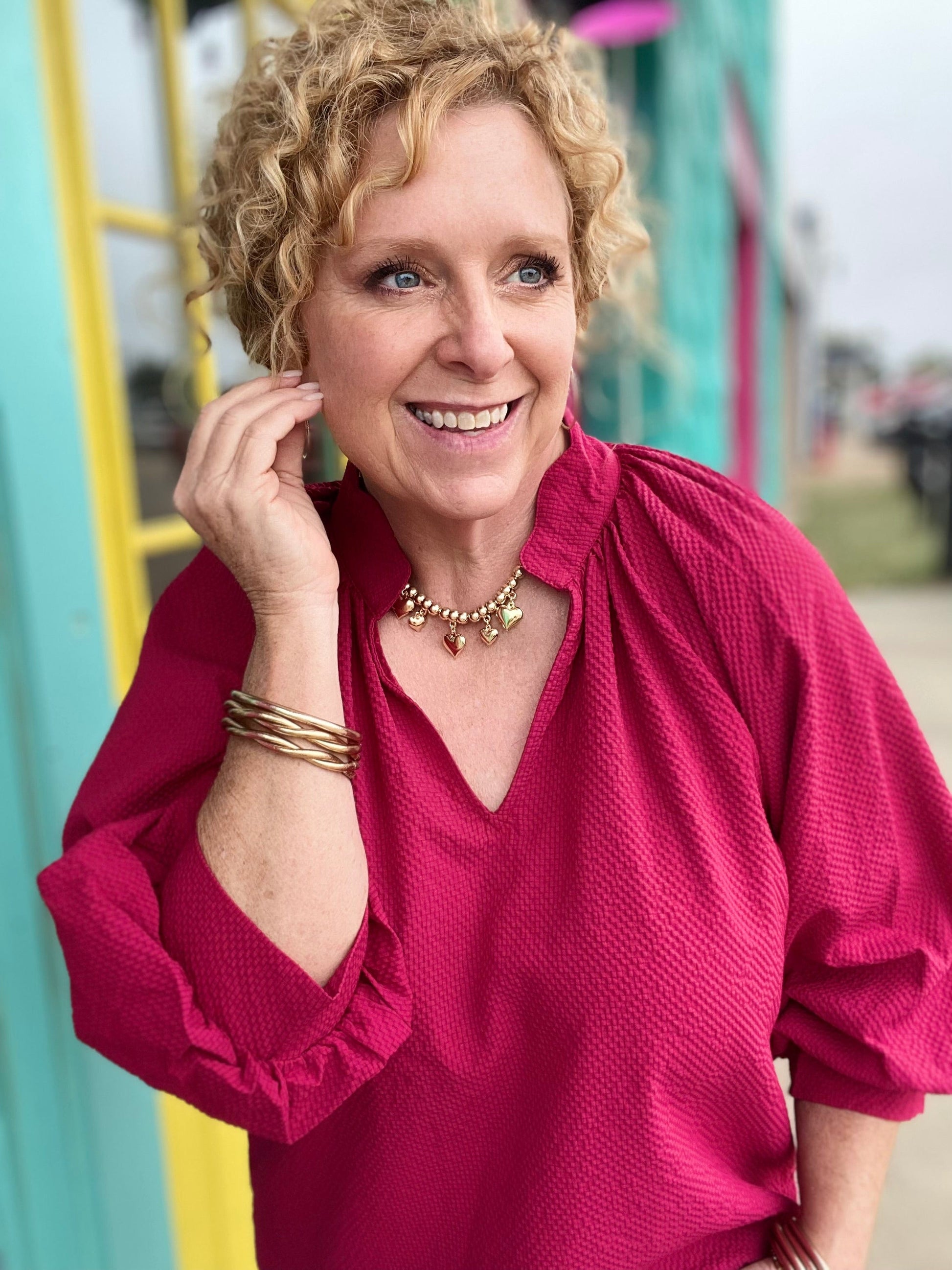 Tops Reese Vneck Balloon Sleeve Top-Crimson