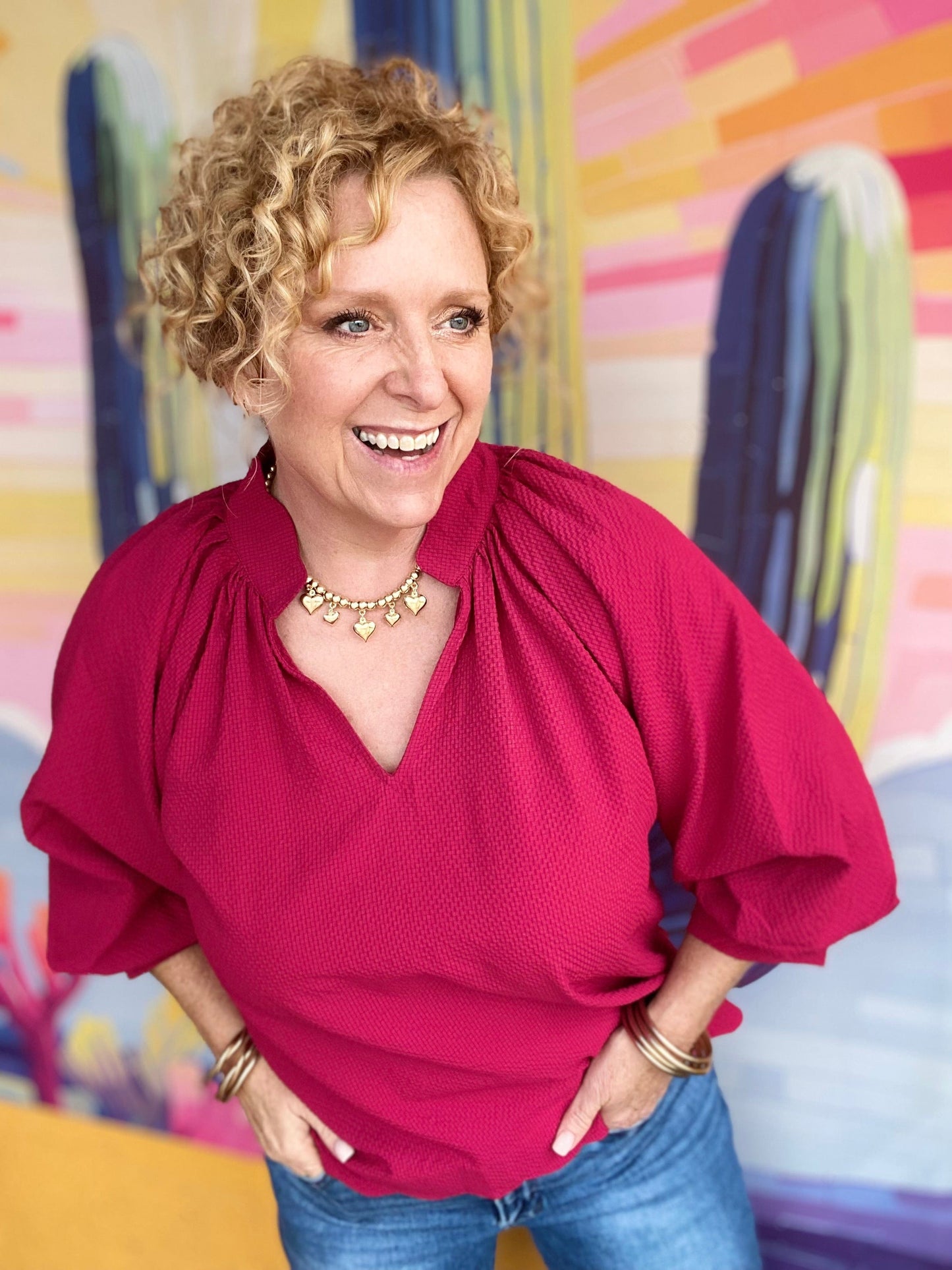 Tops Reese Vneck Balloon Sleeve Top-Crimson