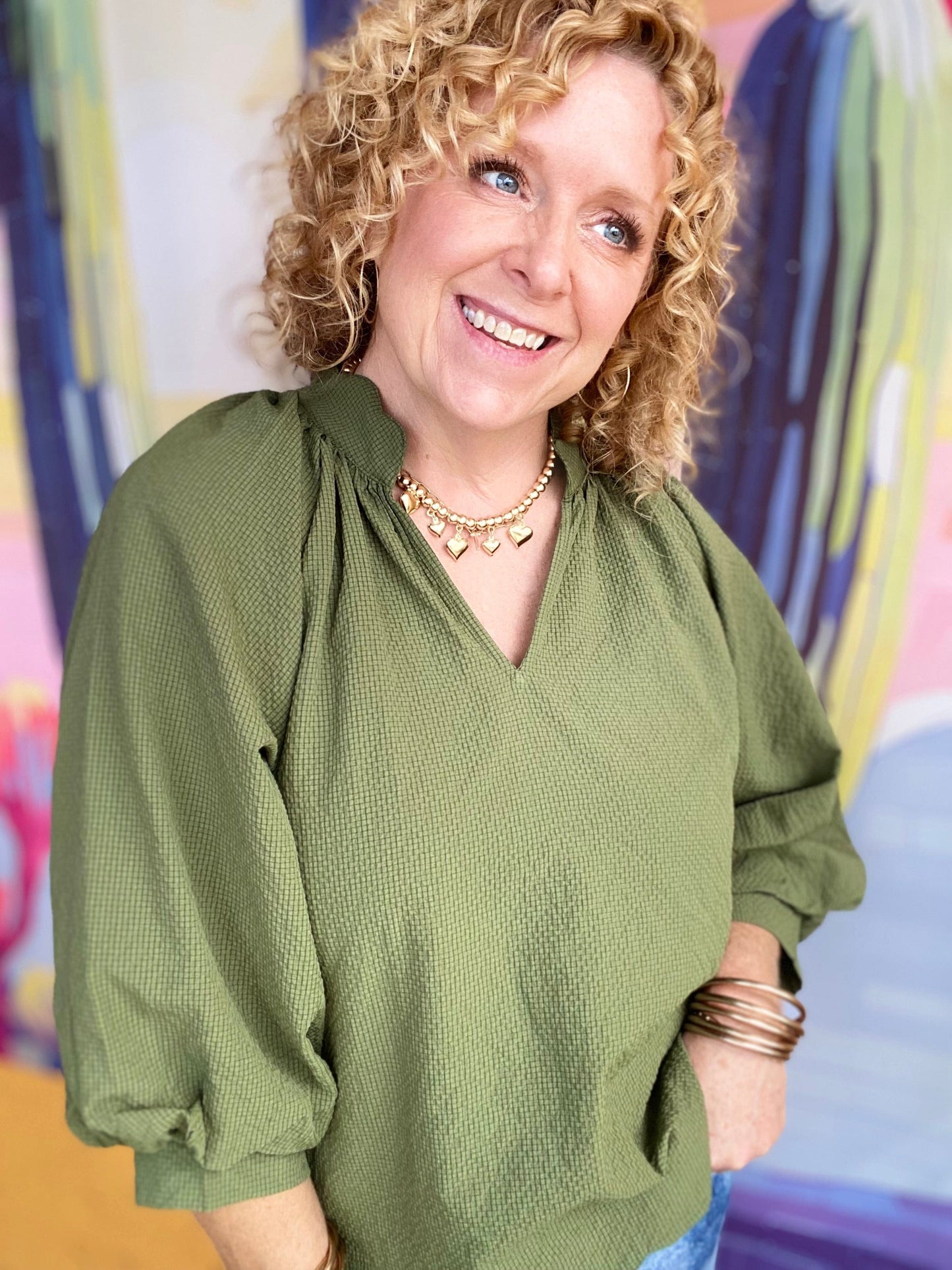 Tops Reese Vneck Balloon Sleeve Top-Olive