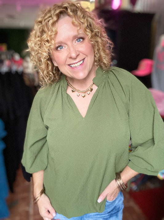 Tops Reese Vneck Balloon Sleeve Top-Olive