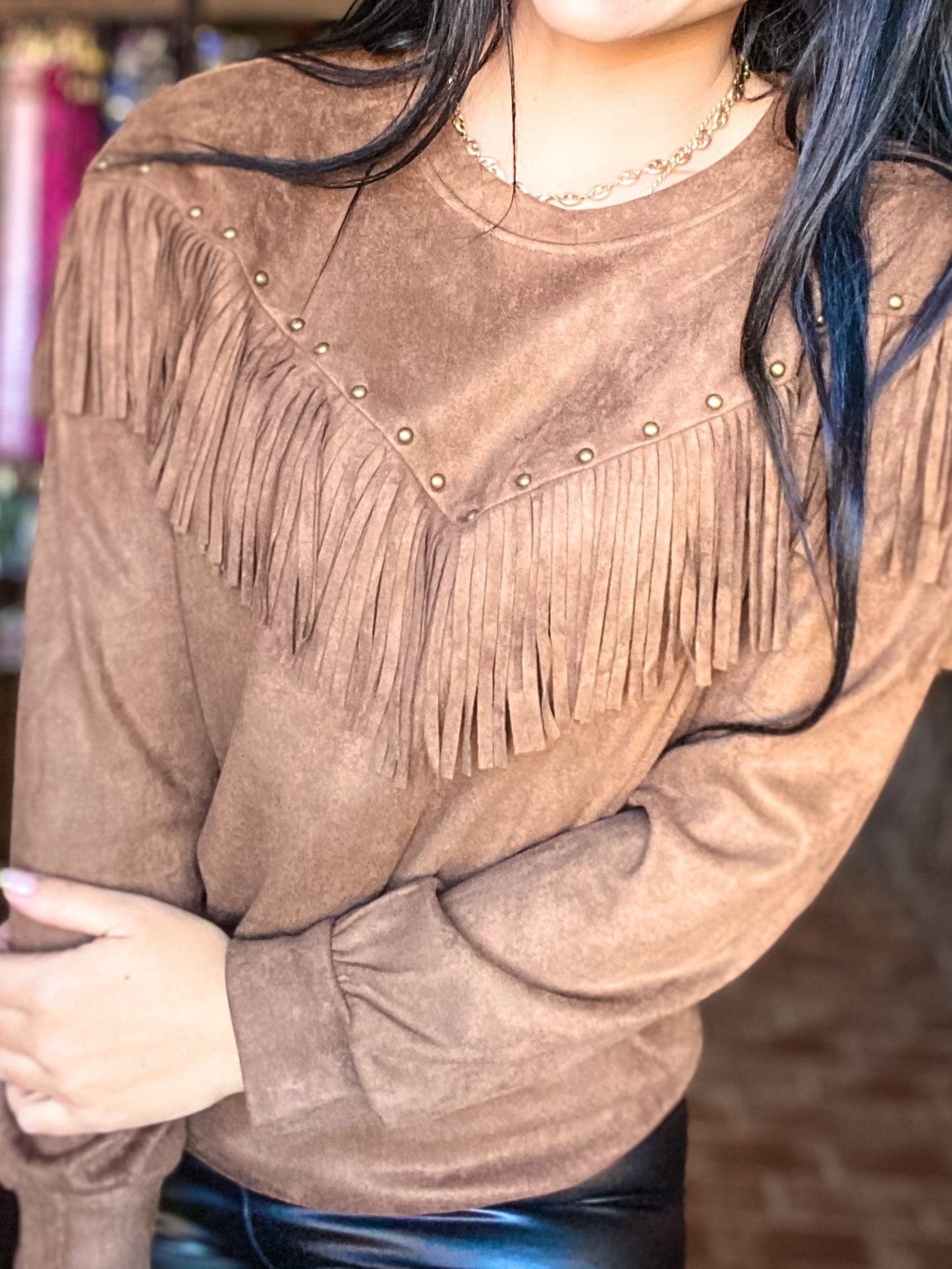 Tops Retro Studded Fringe Pullover- Brown