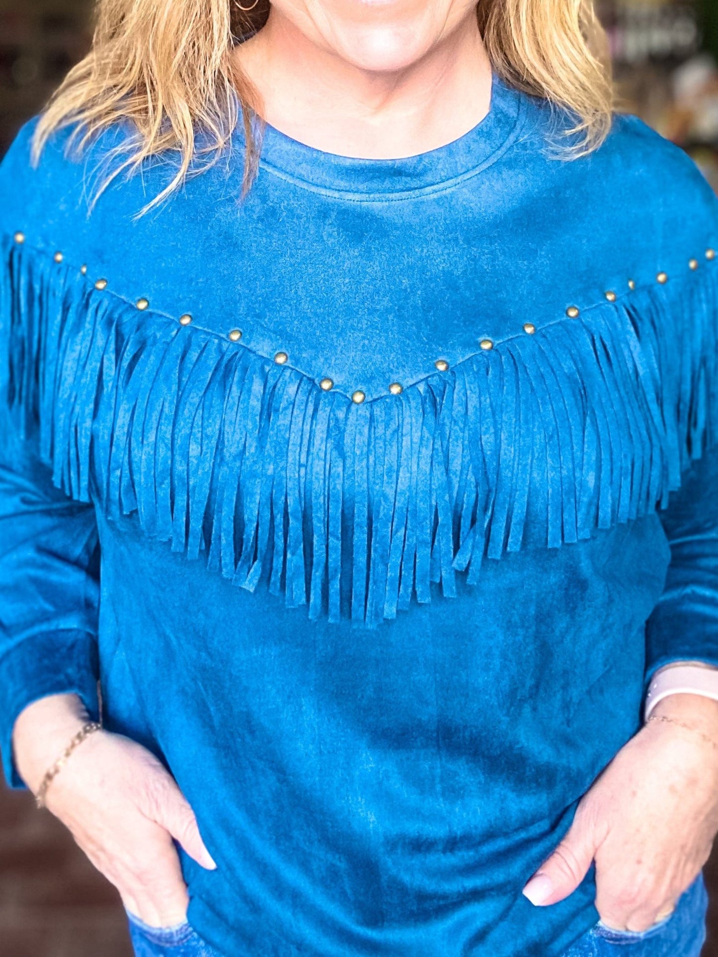 Tops Retro Studded Fringe Pullover- Teal