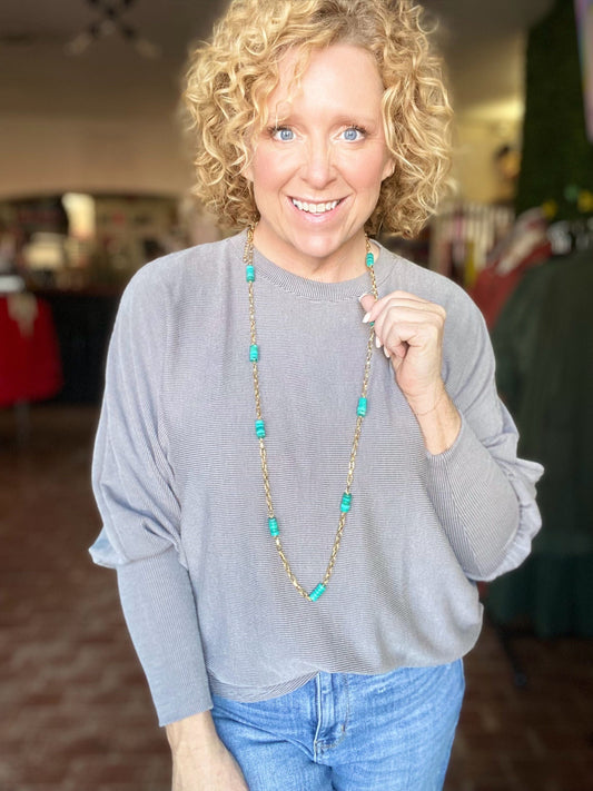 Tops Ribbed Puff Sleeve Long Sleeve Top-Gray