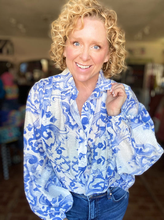 Tops Royal Swirl Button Down Blouse