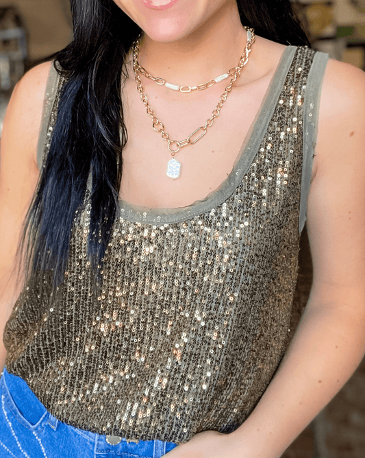 Tops Sequin Tank-Olive