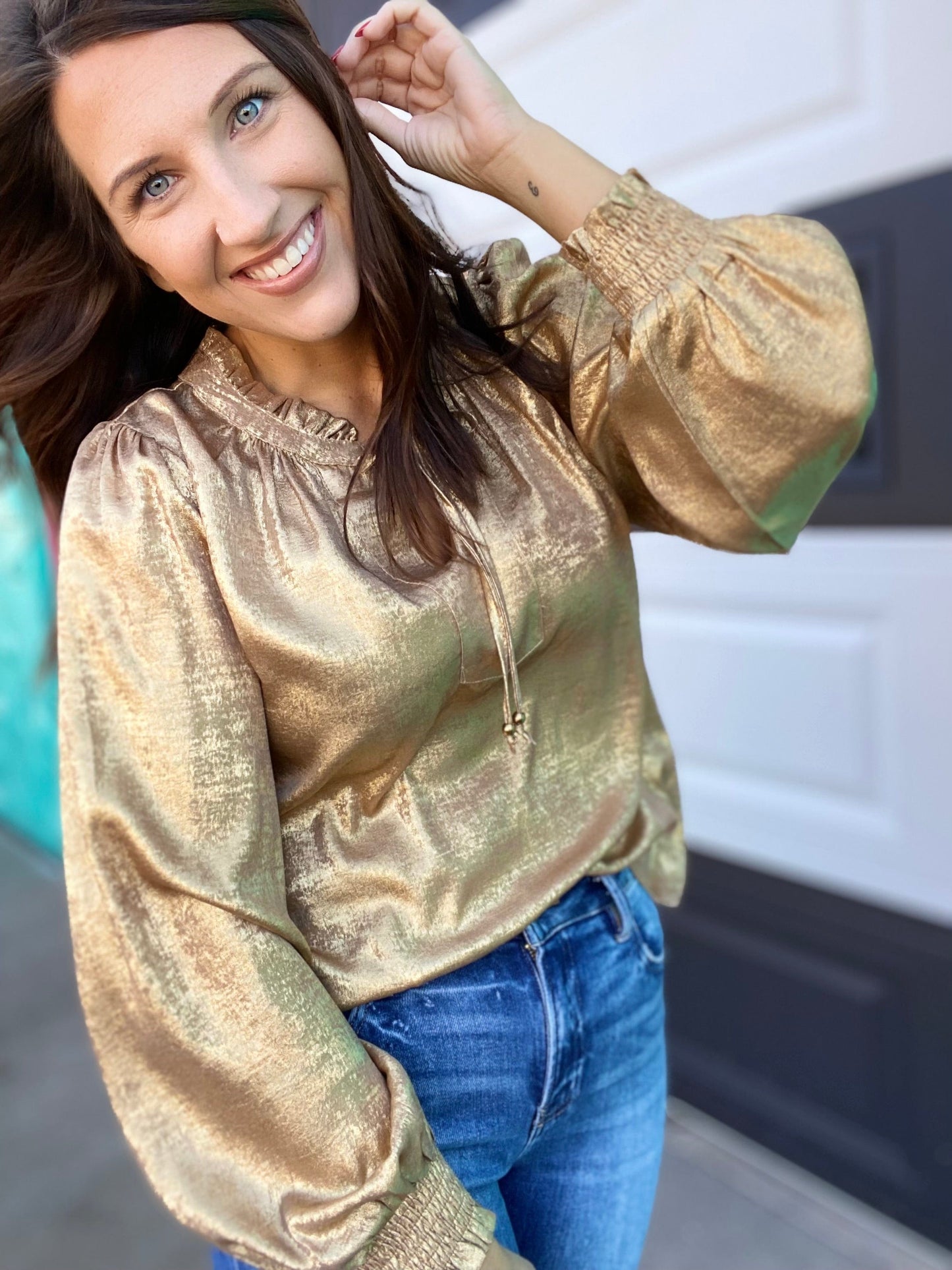 Shimmer Ruffle Collar Blouse-Gold
