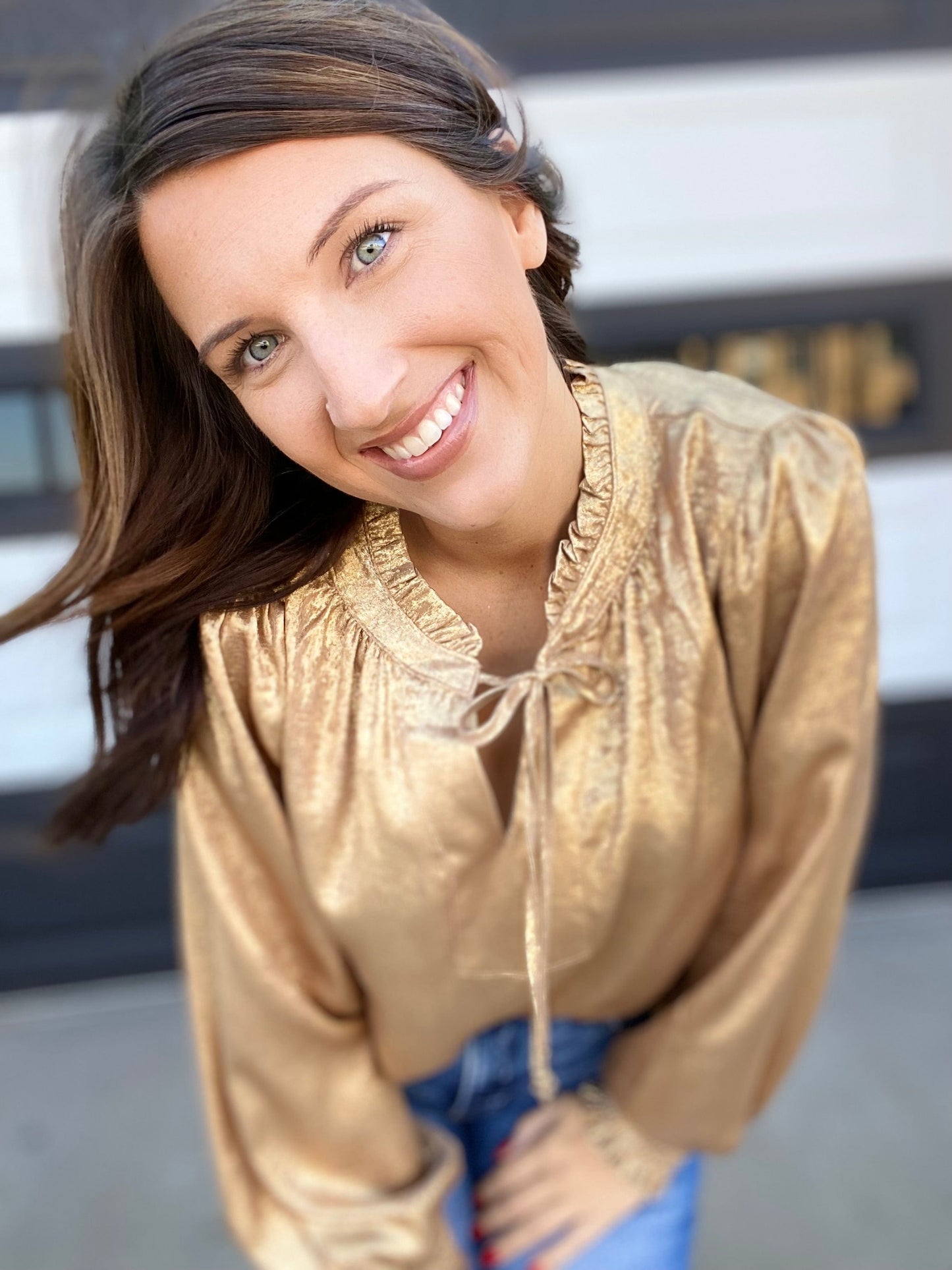 Shimmer Ruffle Collar Blouse-Gold