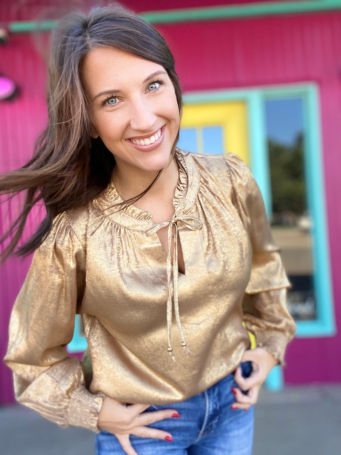Shimmer Ruffle Collar Blouse-Gold