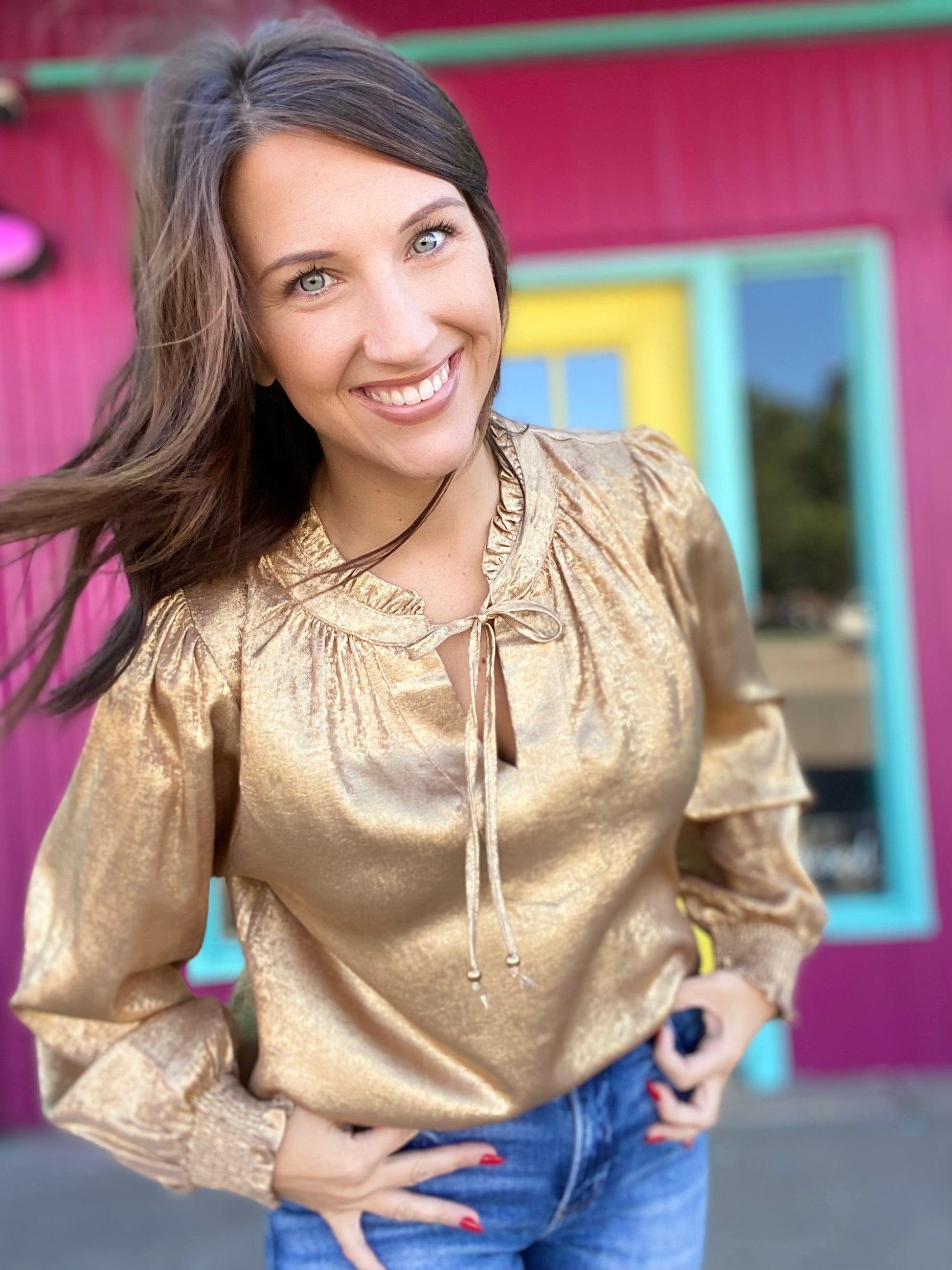 Shimmer Ruffle Collar Blouse-Gold