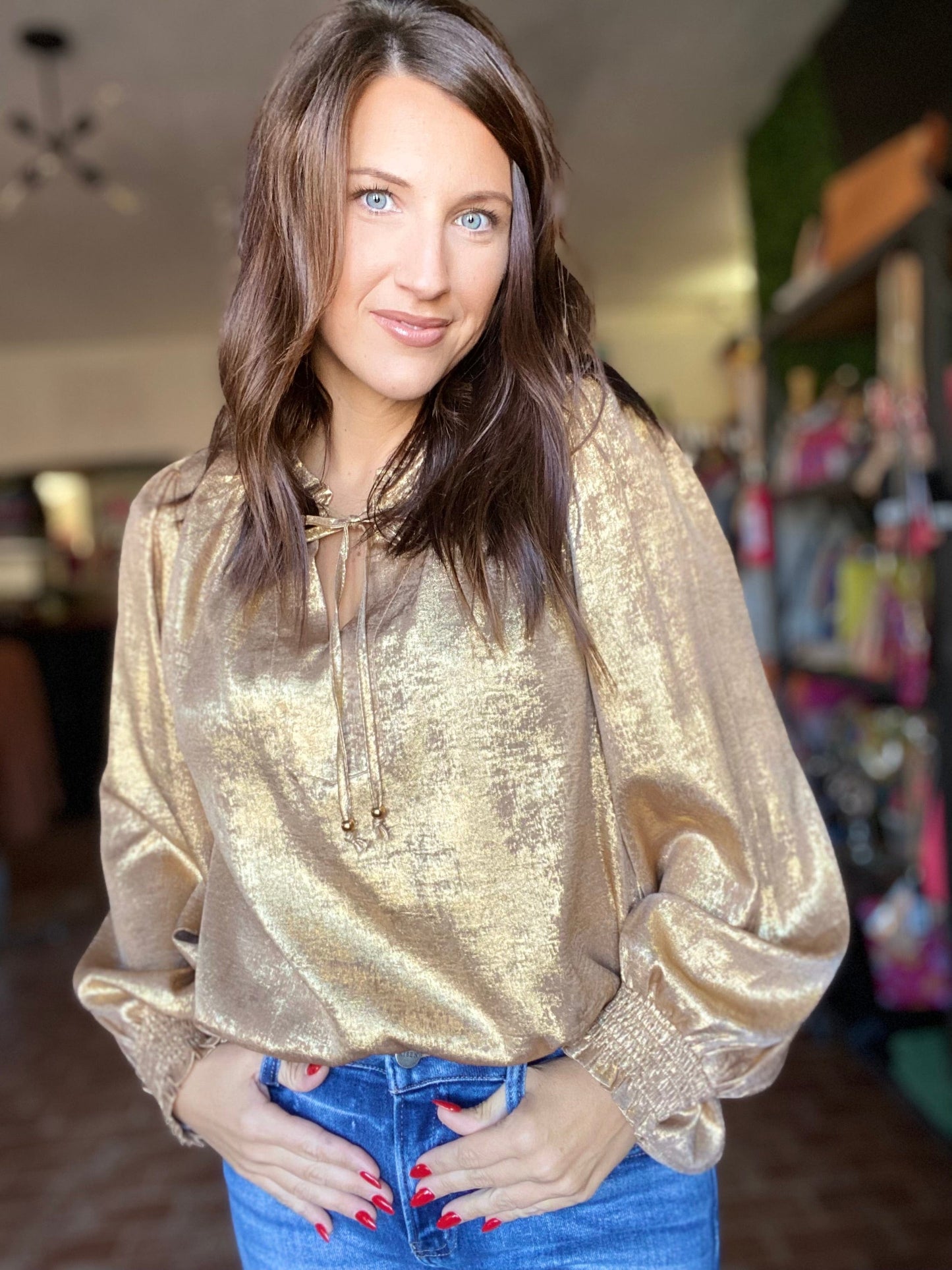 Shimmer Ruffle Collar Blouse-Gold