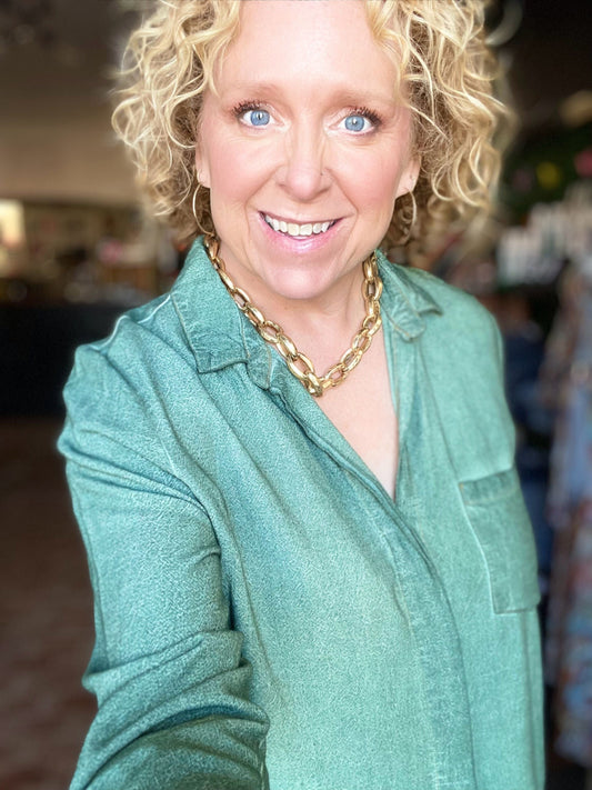 Tops Split Back Button Down Top- Forrest