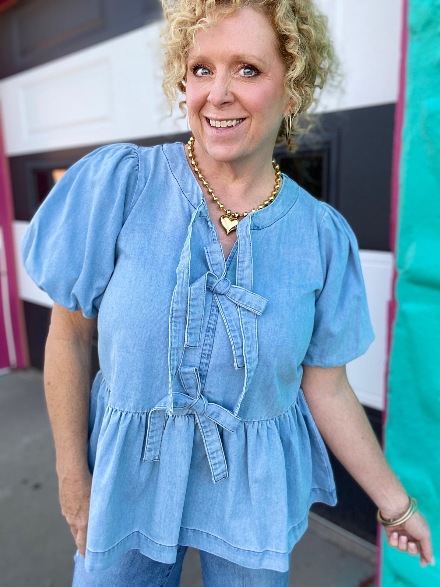 Tops Sweet Claire Bow Front Denim Top