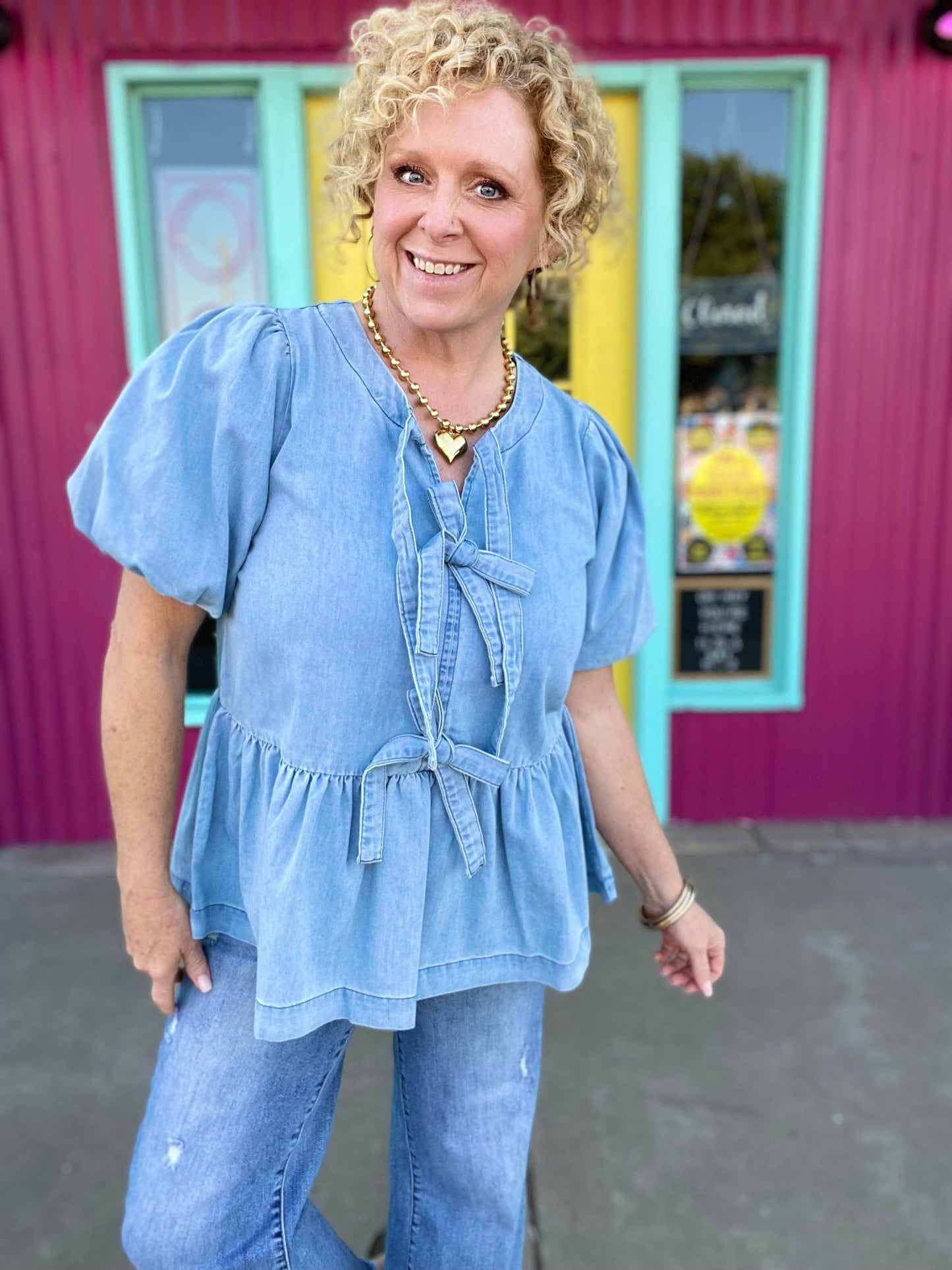 Tops Sweet Claire Bow Front Denim Top