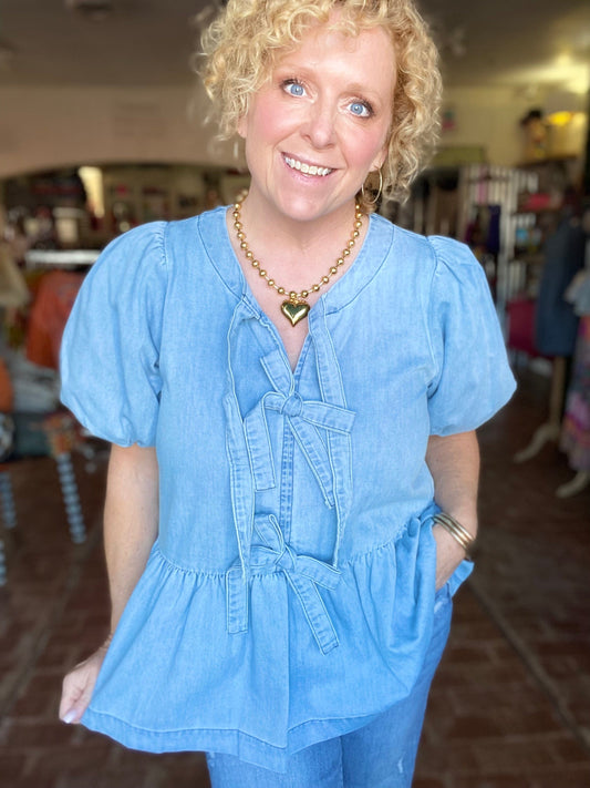Tops Sweet Claire Bow Front Denim Top
