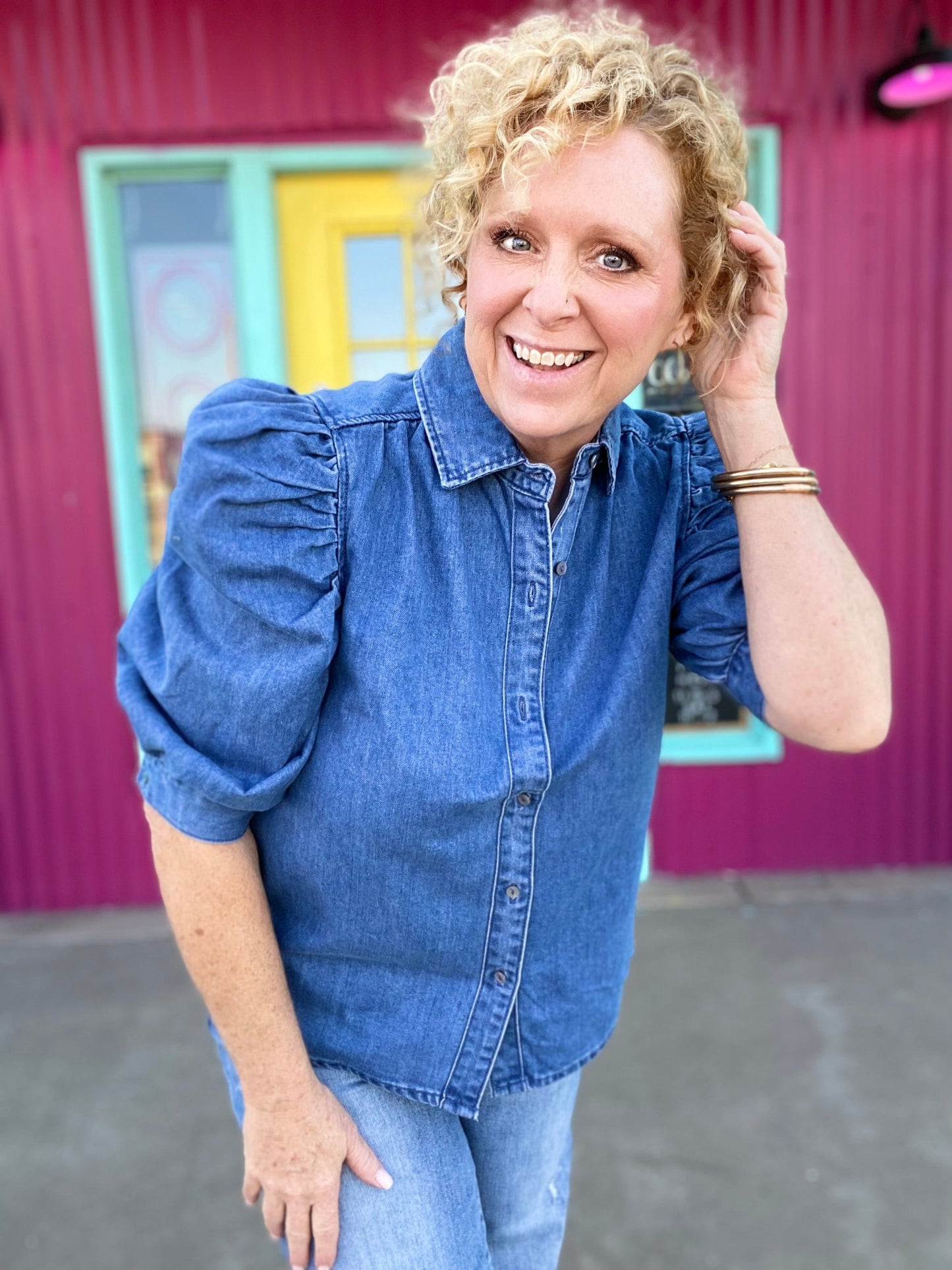 Tops Sweet Jess Puff Sleeve Denim Top