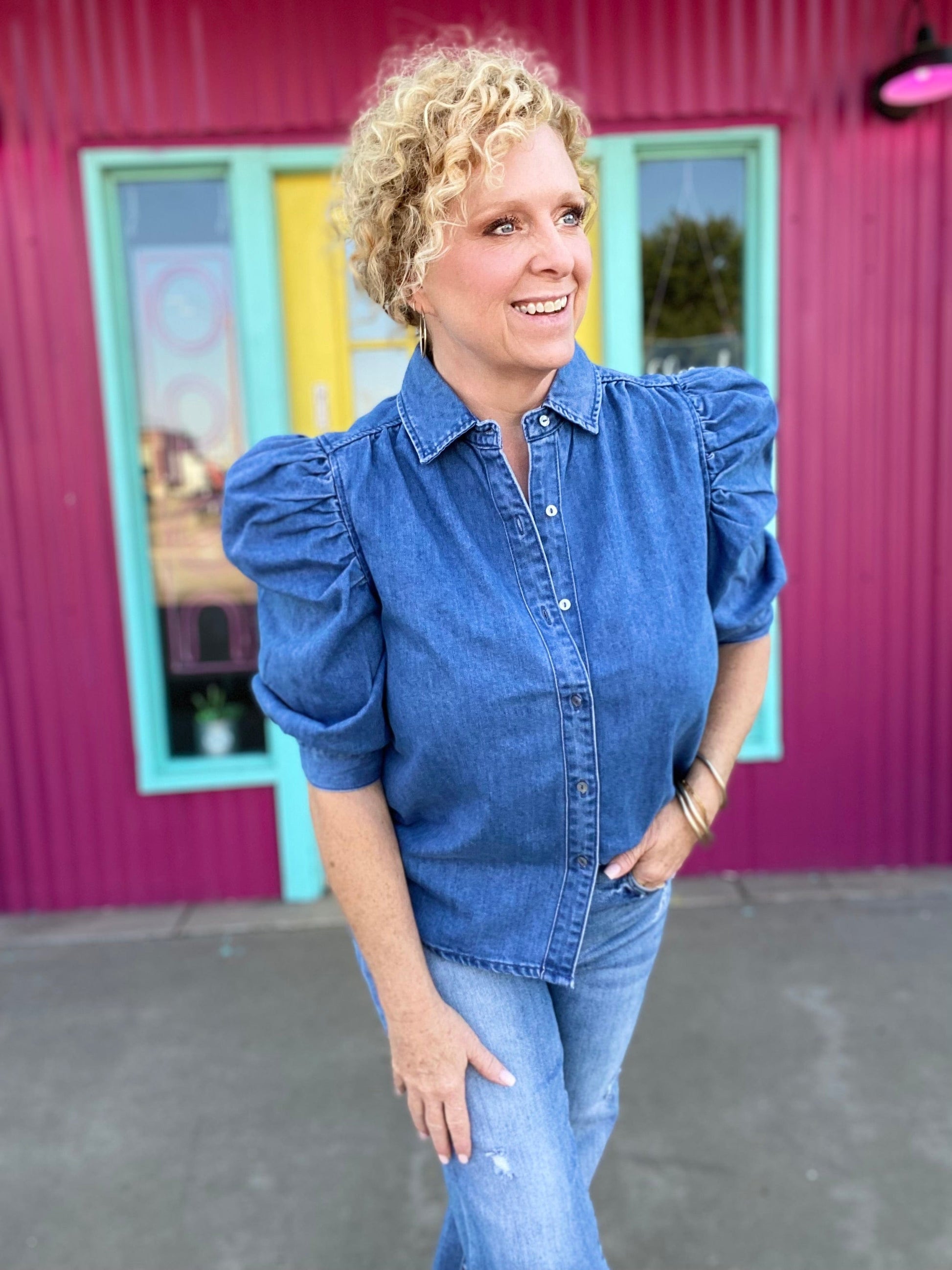 Tops Sweet Jess Puff Sleeve Denim Top