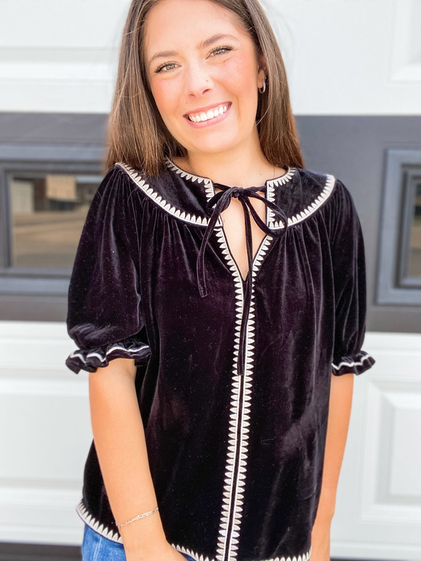 Tops THML Velvet Puff Sleeve Blouse