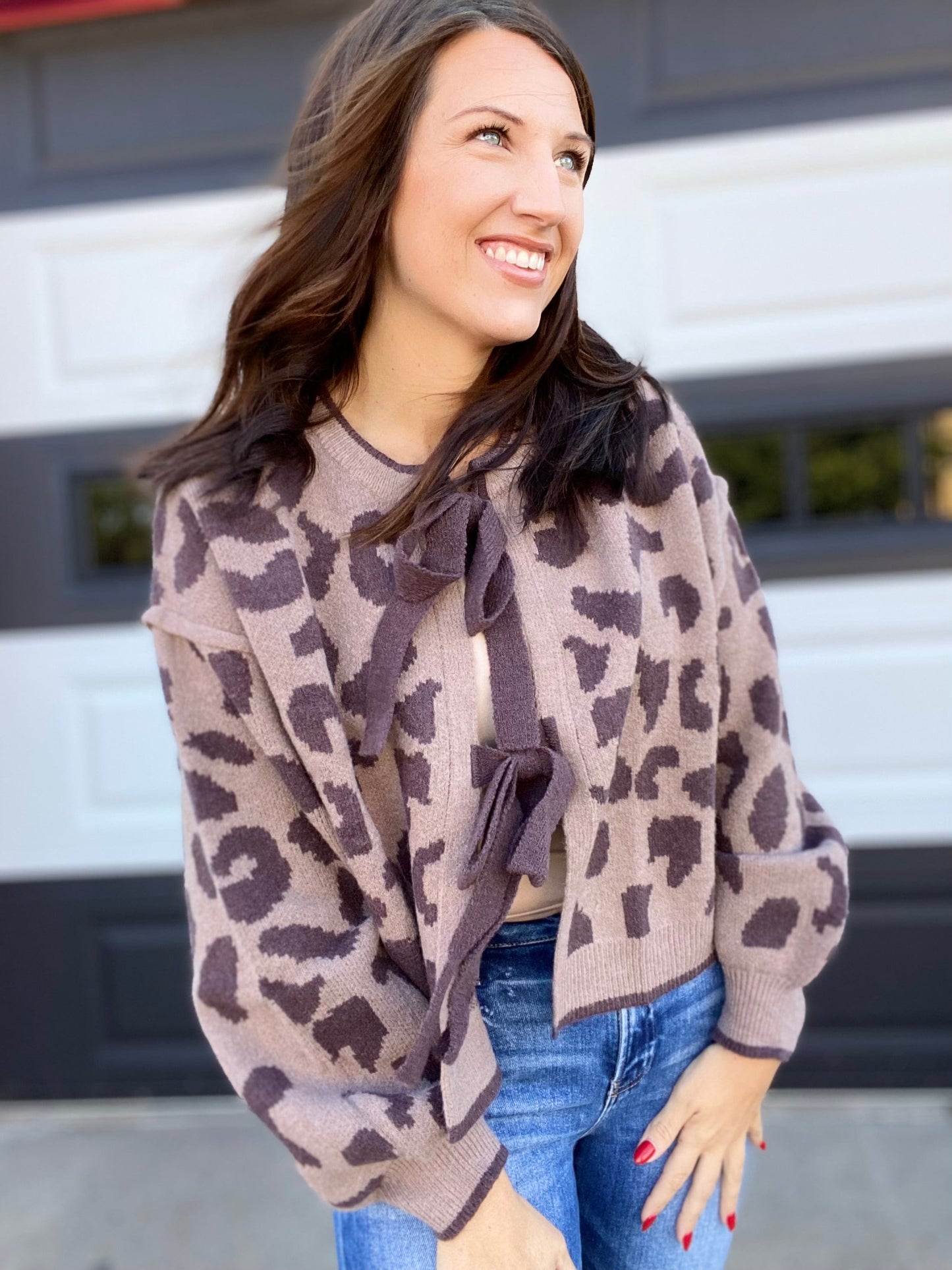 Tops Tone on Tone Bow Cardi- Mocha