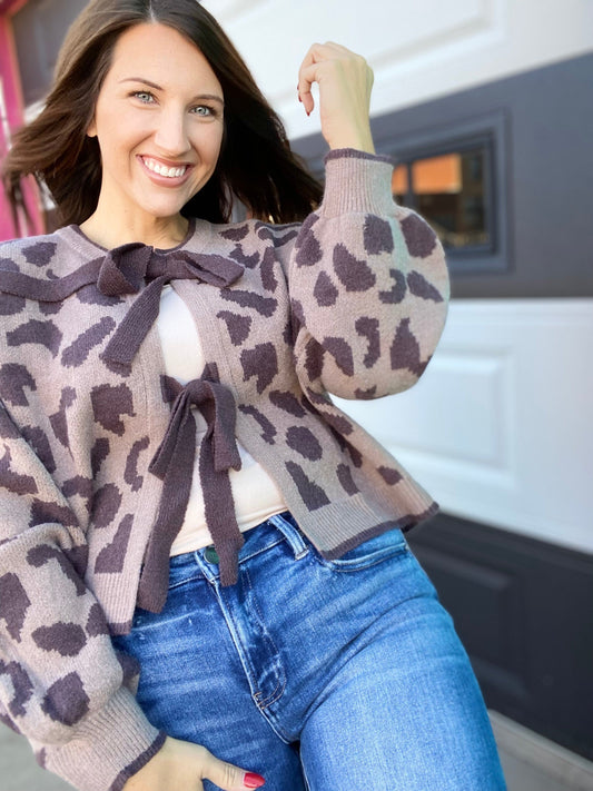 Tops Tone on Tone Bow Cardi- Mocha