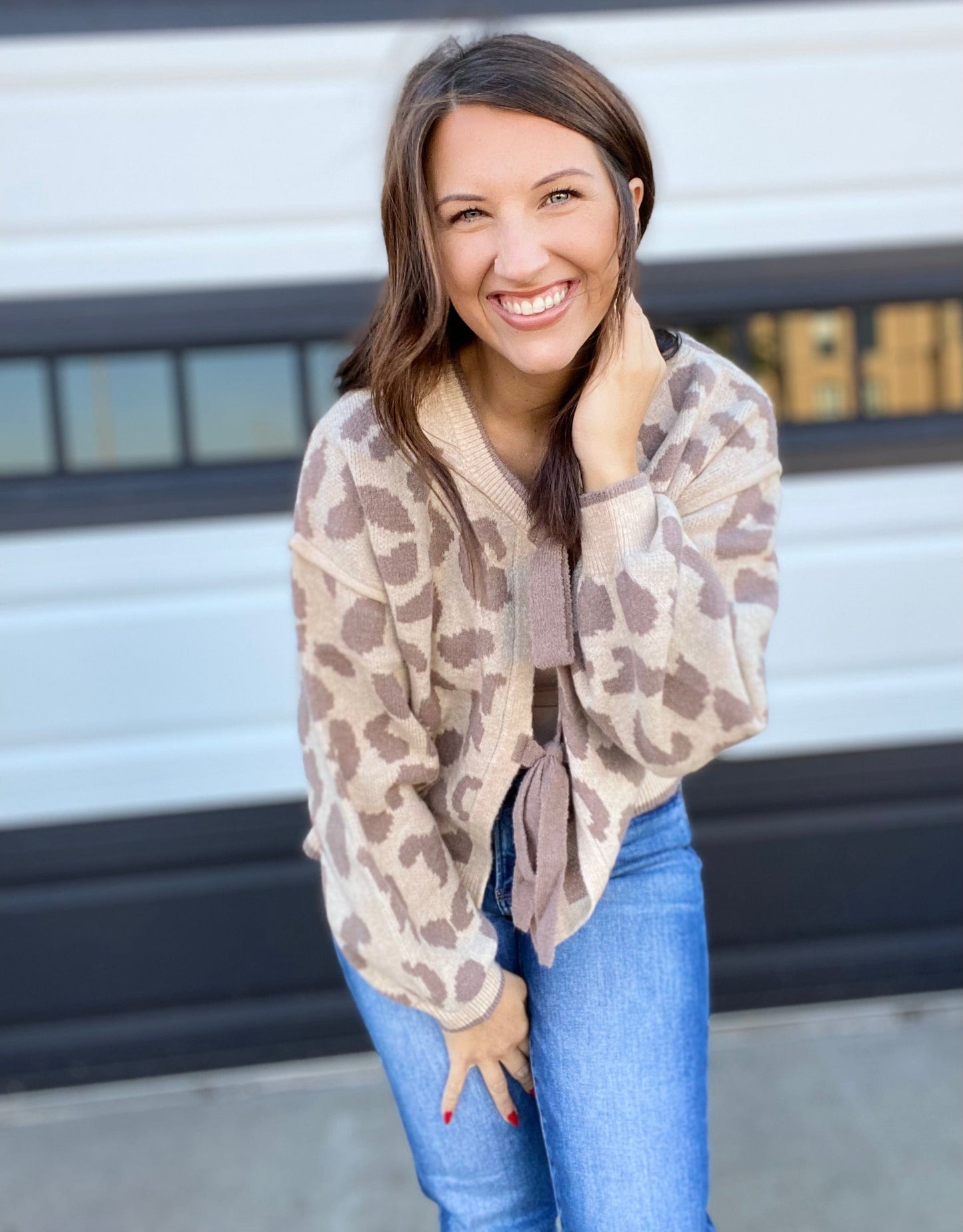 Tops Tone on Tone Bow Cardi- Taupe