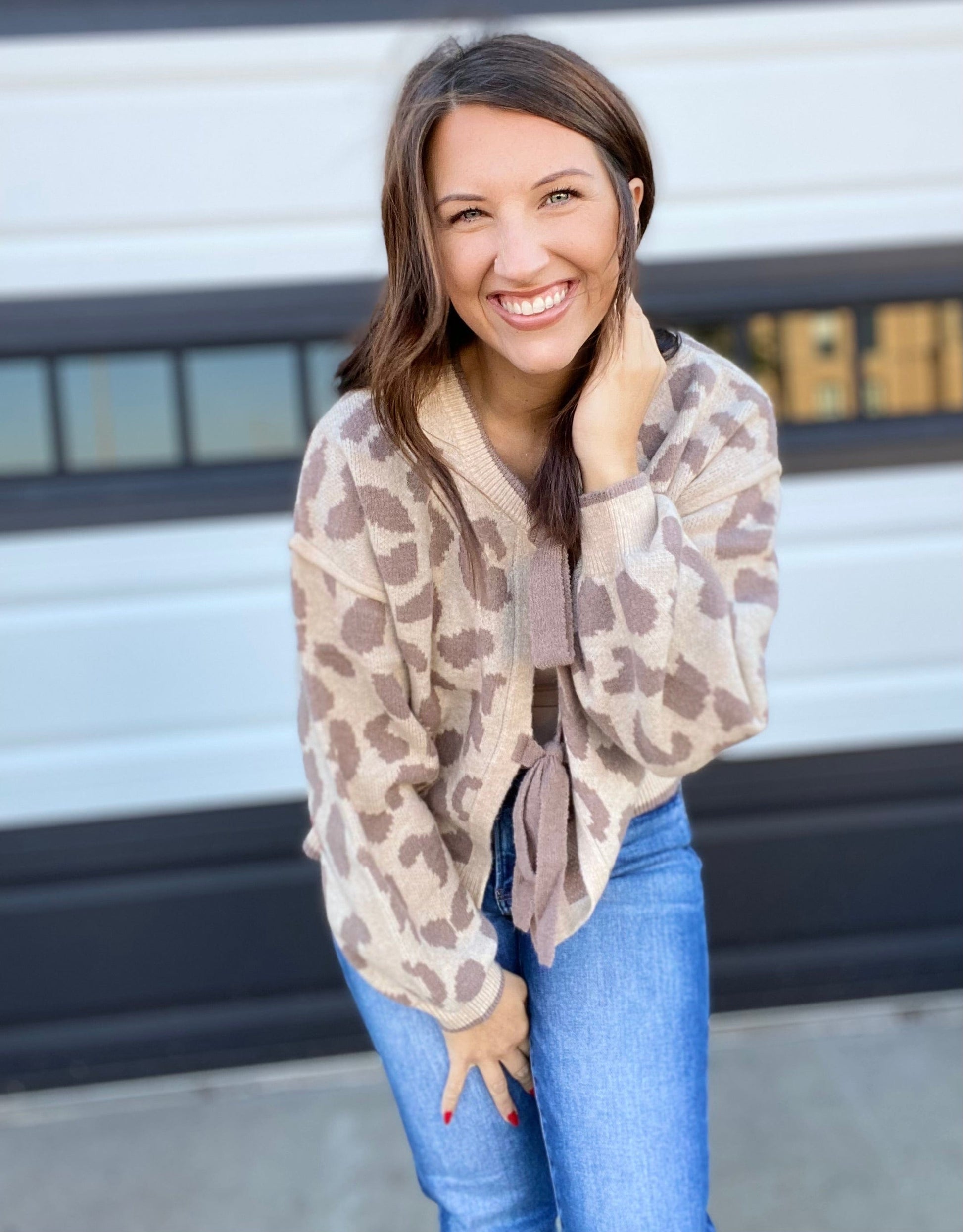 Tops Tone on Tone Bow Cardi- Taupe