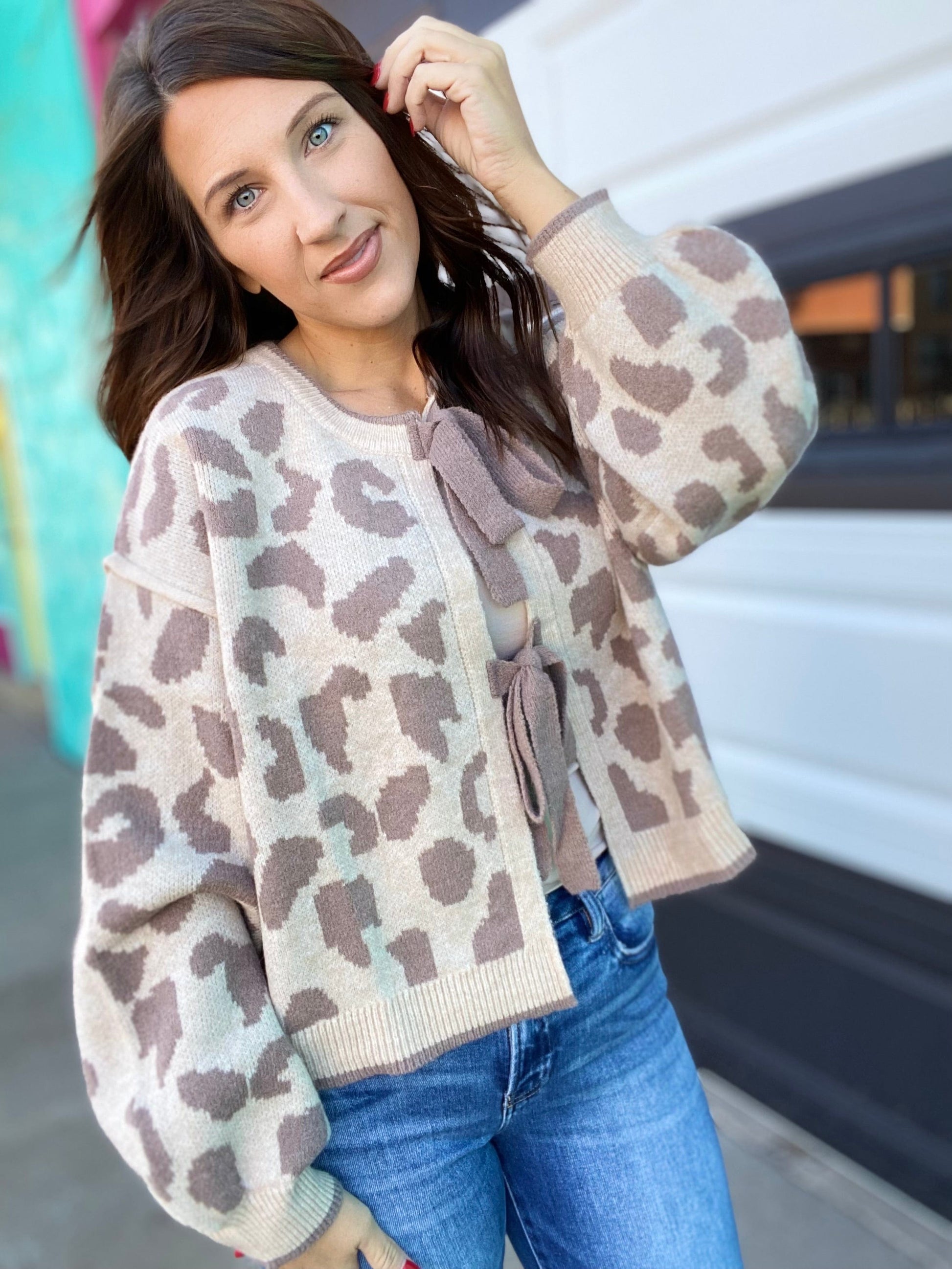 Tops Tone on Tone Bow Cardi- Taupe