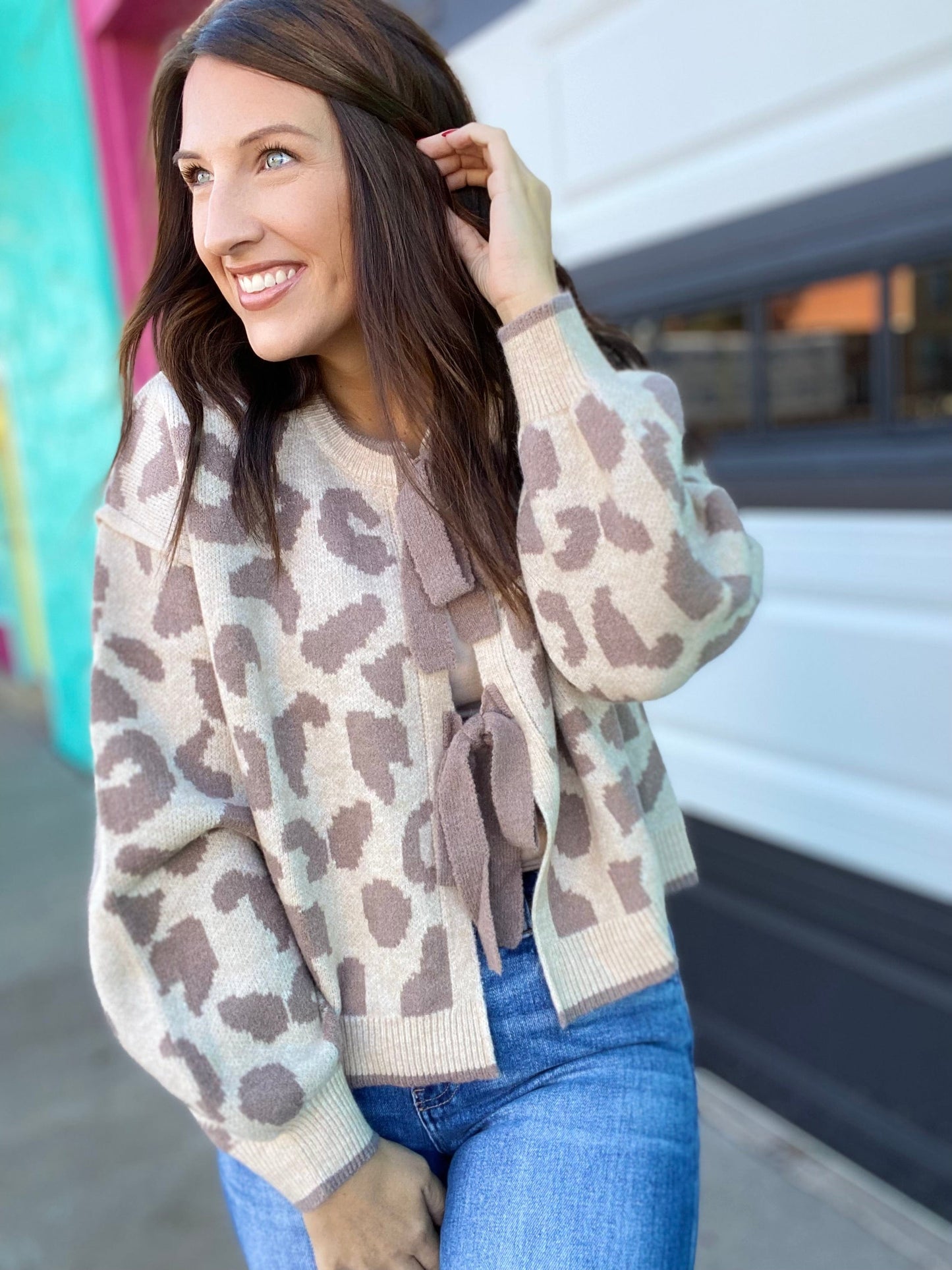 Tops Tone on Tone Bow Cardi- Taupe