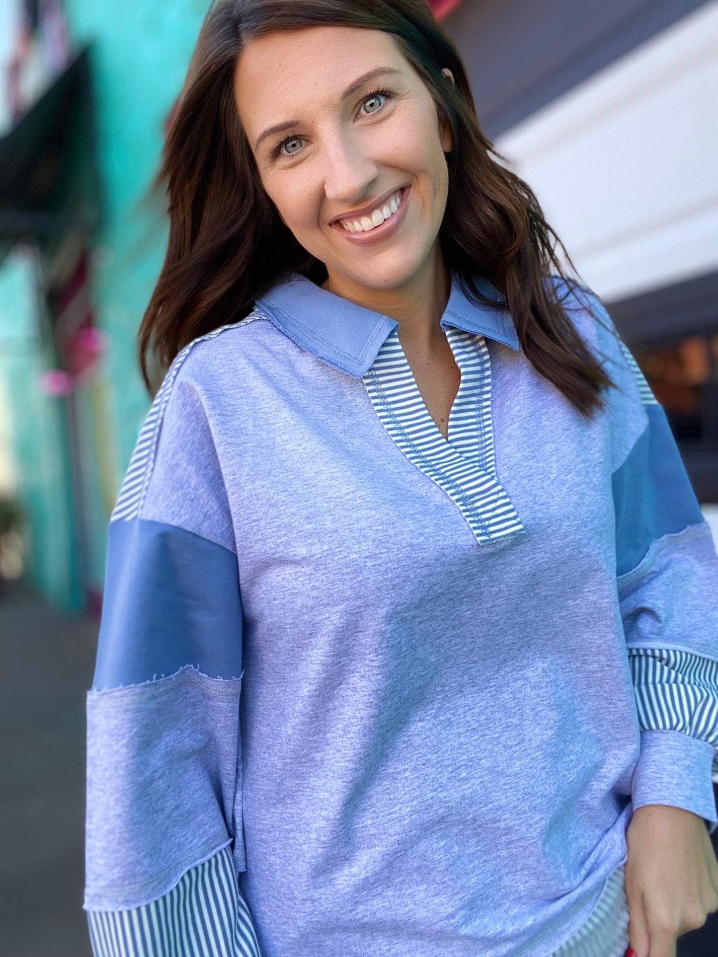 Shirts & Tops Traci Striped Pullover- Gray & Blue