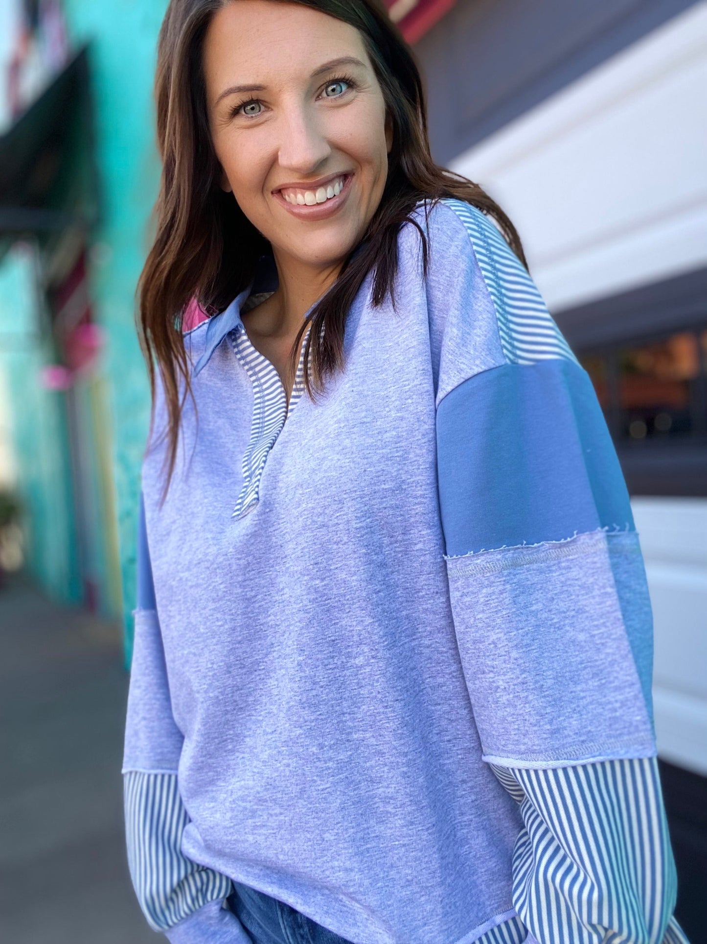 Shirts & Tops Traci Striped Pullover- Gray & Blue