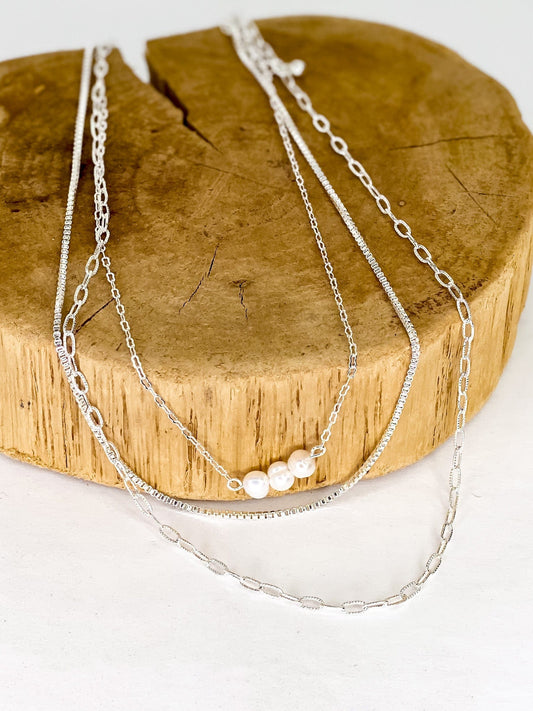 Necklaces Triple Chain Dainty Pearl Necklace-Silver
