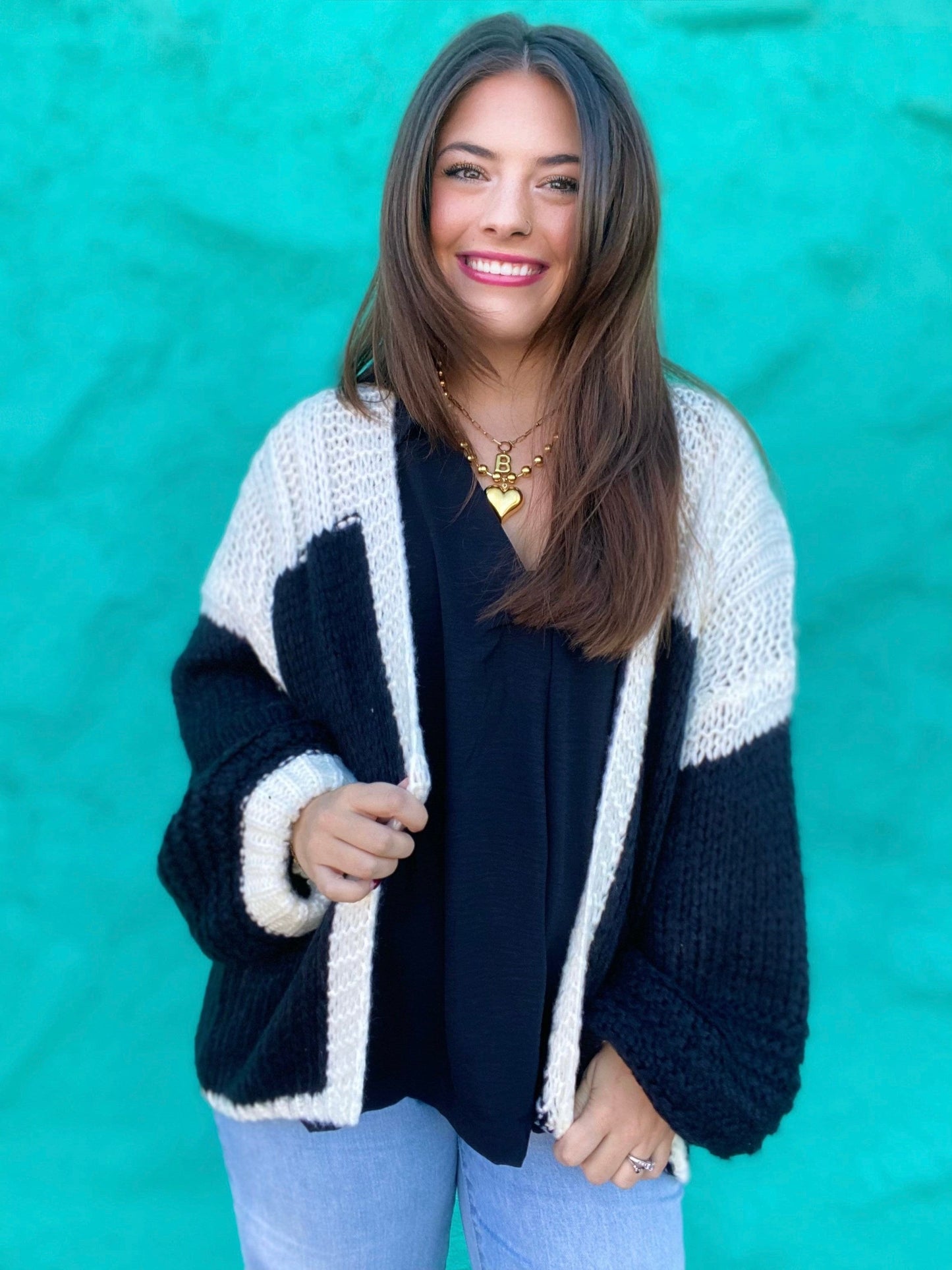 Tops Two Tone Yarn Cardi- Black