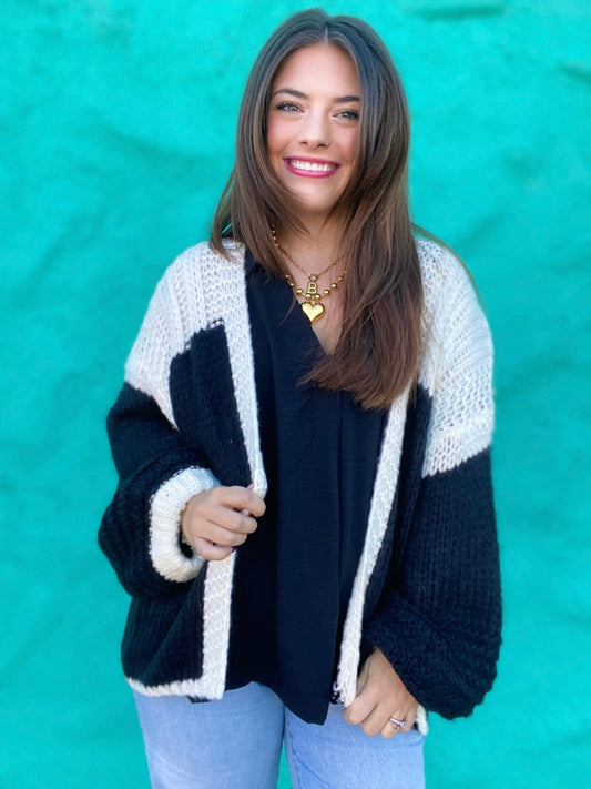 Tops Two Tone Yarn Cardi- Black