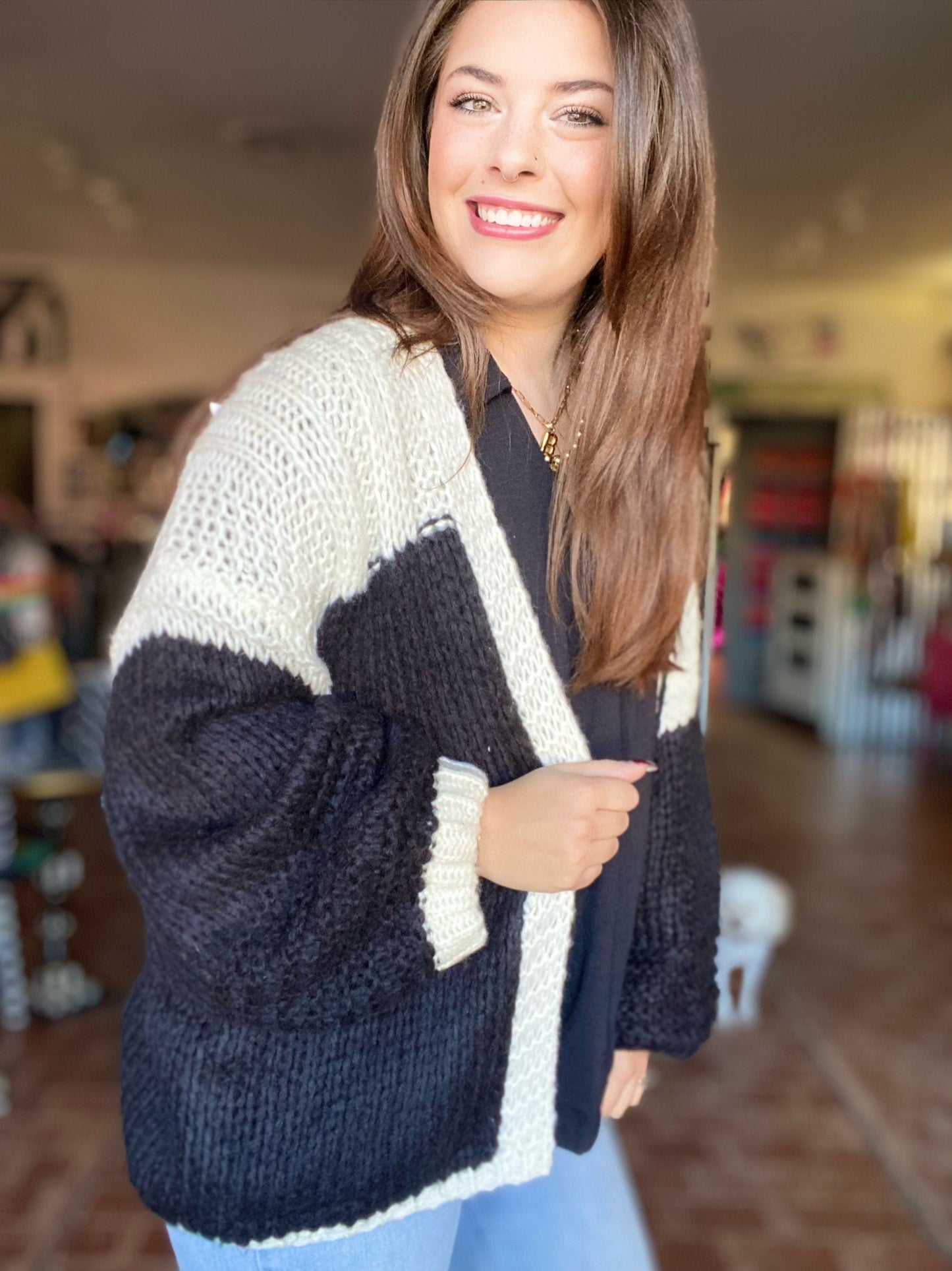 Tops Two Tone Yarn Cardi- Black