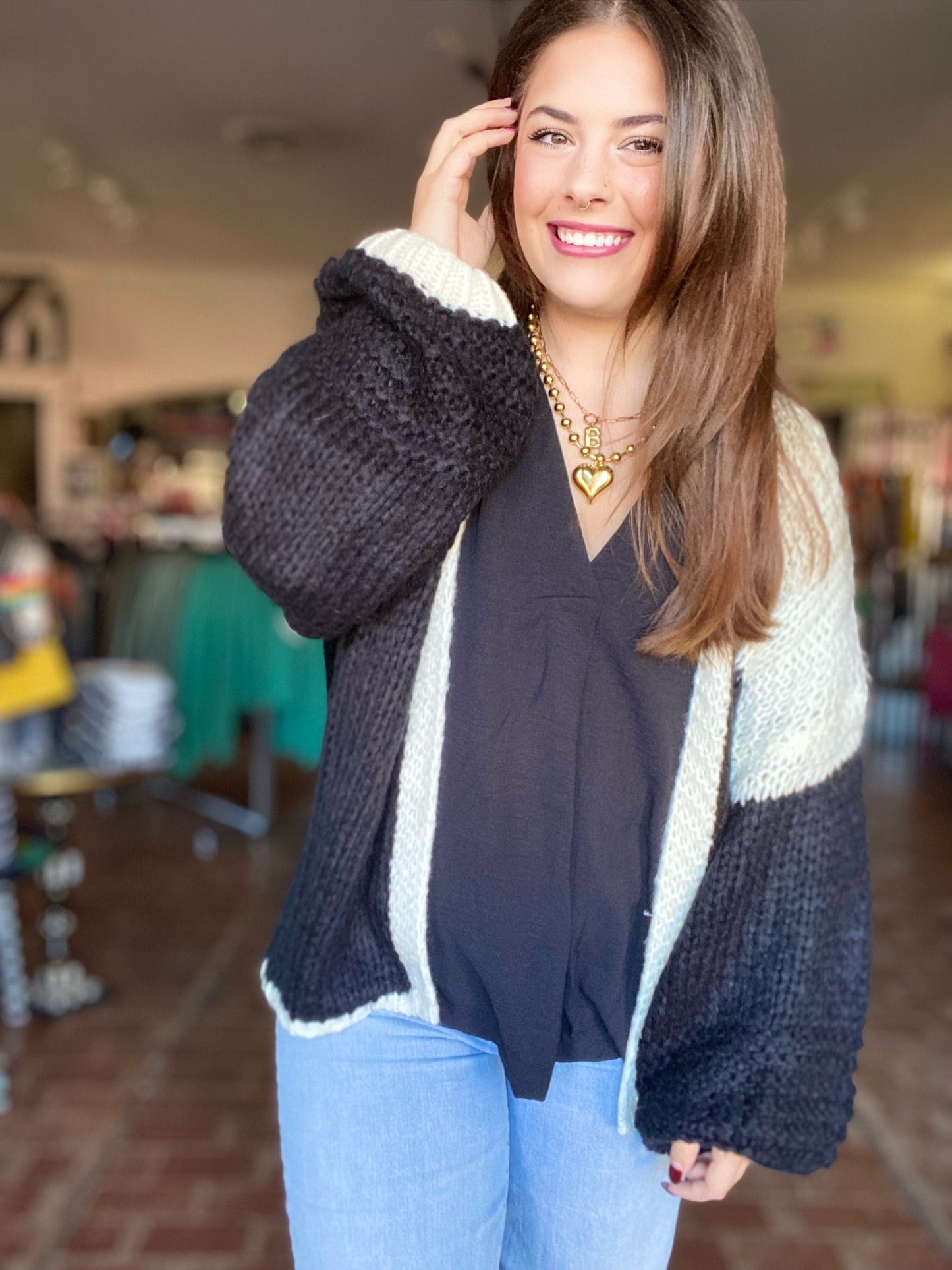 Tops Two Tone Yarn Cardi- Black