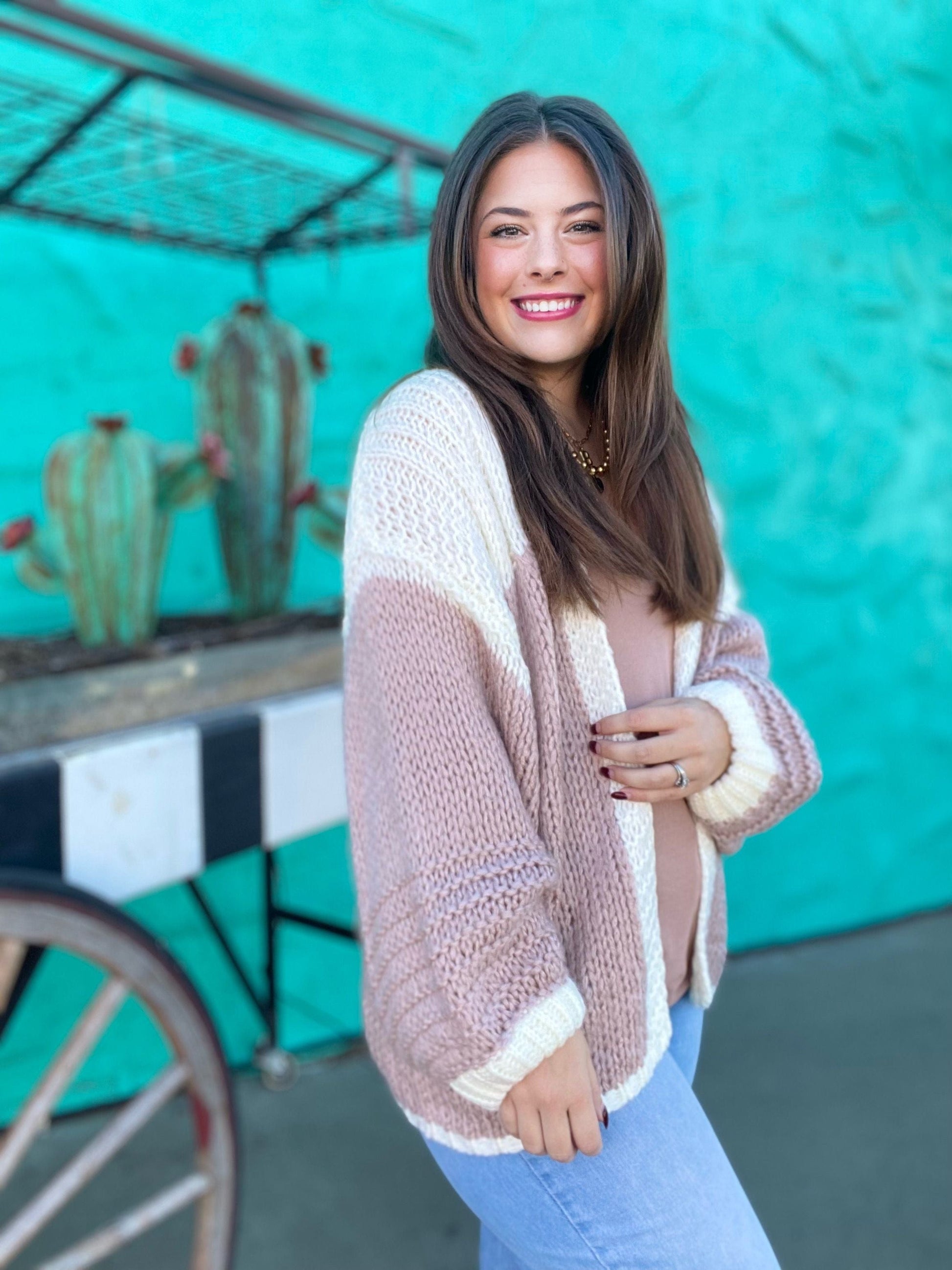 Tops Two Tone Yarn Cardi-Mocha