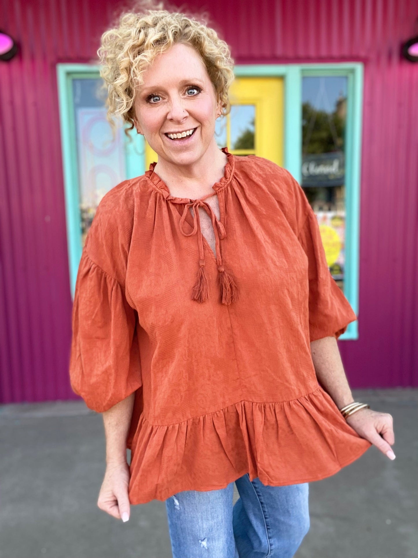 Umgee Curvy Pumpkin Peplum Top