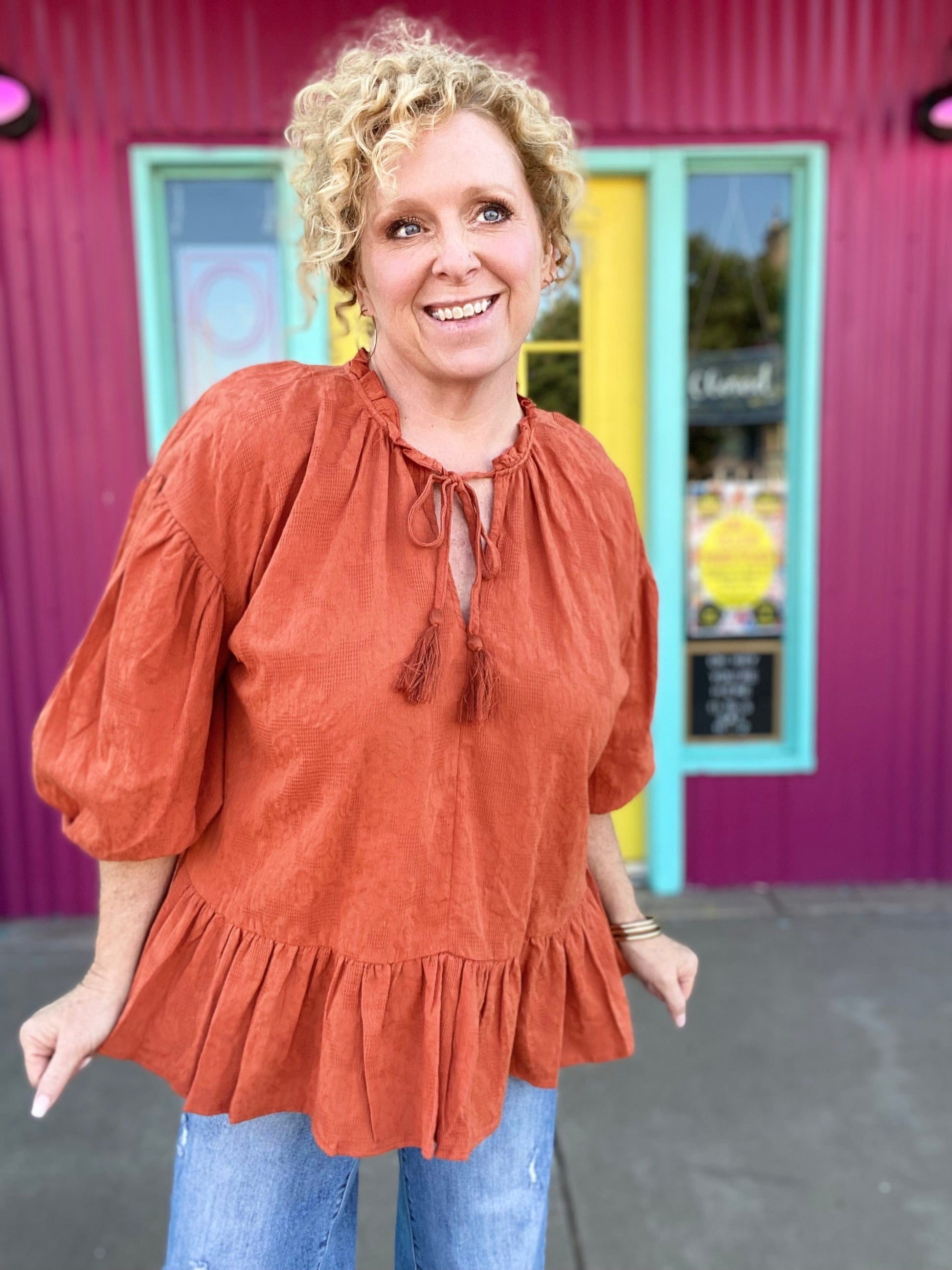 Umgee Curvy Pumpkin Peplum Top